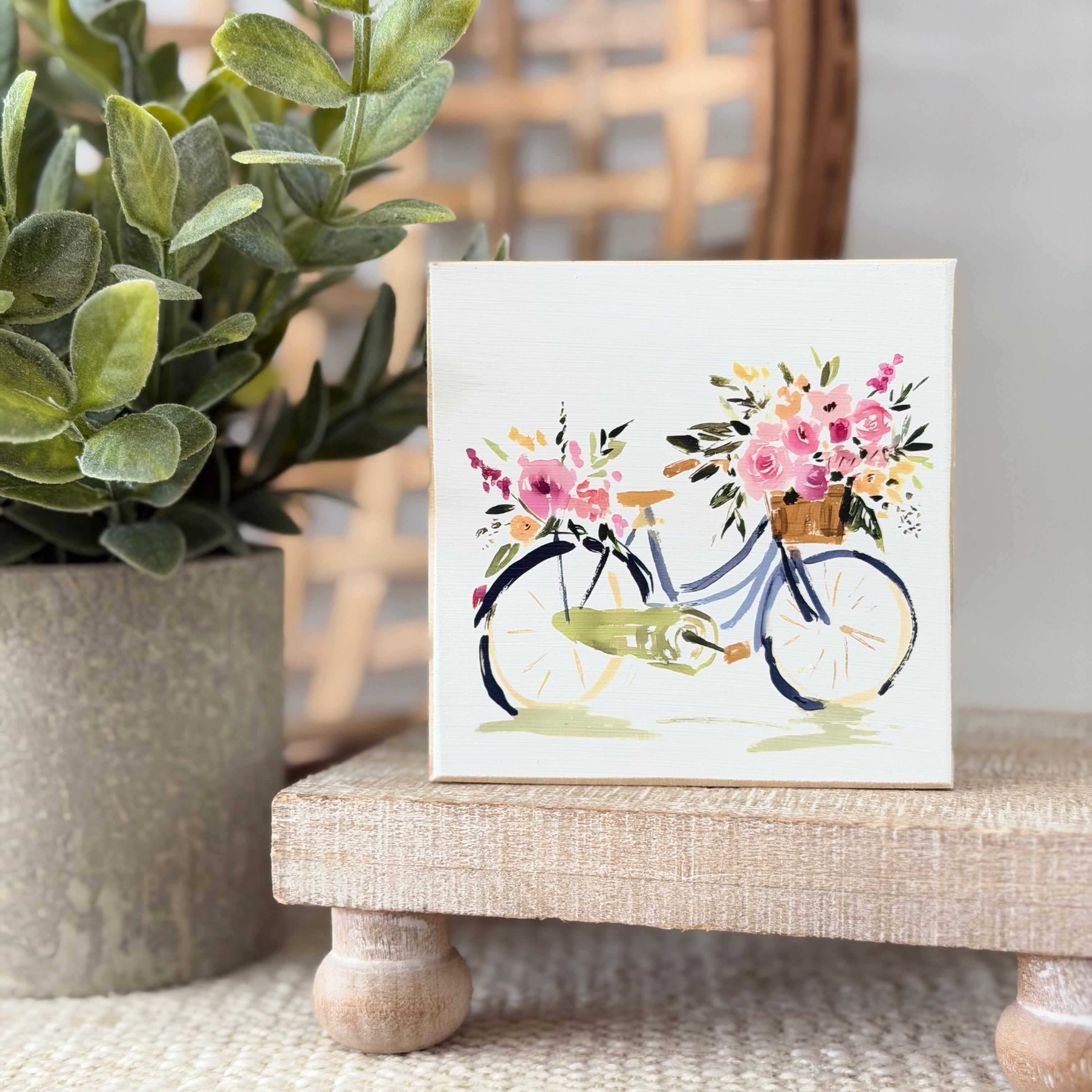 Spring Floral Bicycle Wood Block Sign