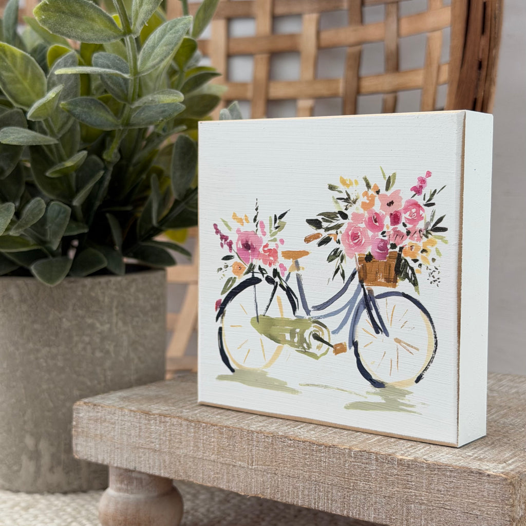 Spring Floral Bicycle Wood Block Sign