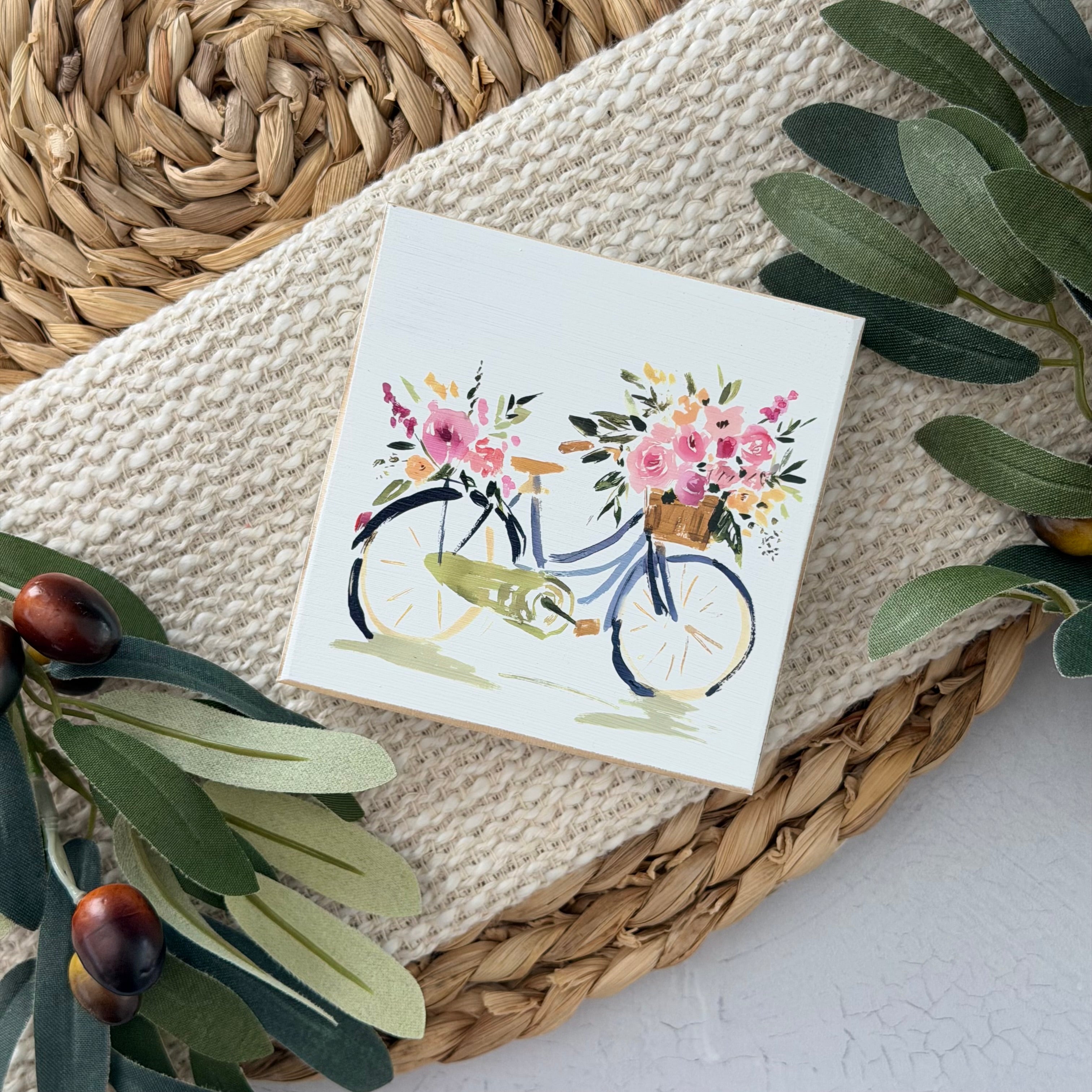 Spring Floral Bicycle Wood Block Sign