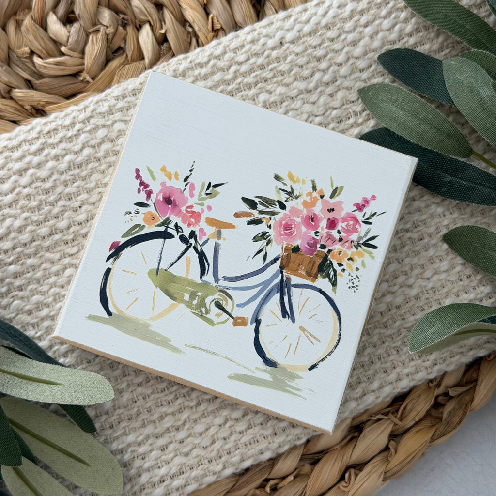 Spring Floral Bicycle Wood Block Sign