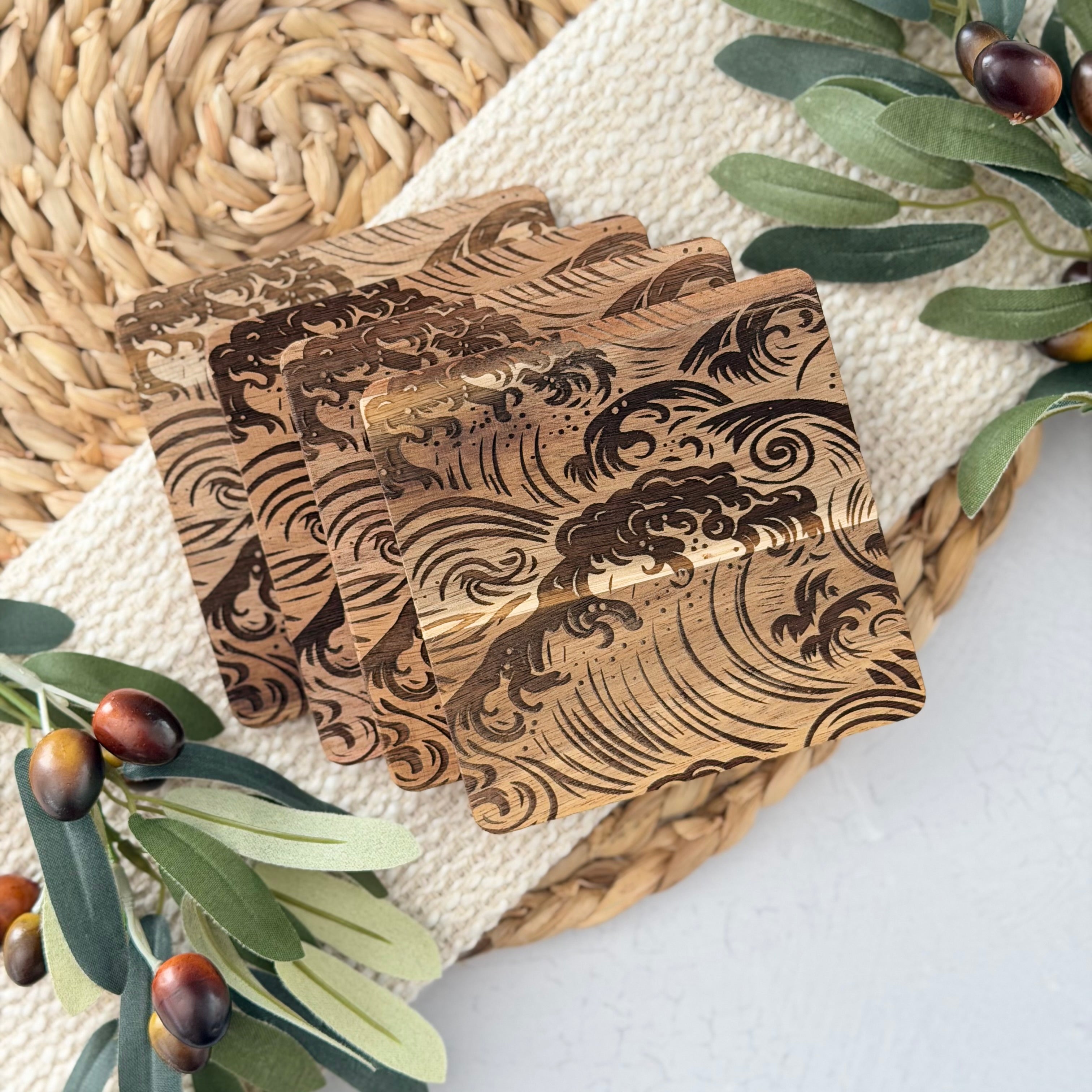 Wave Engraved Wooden Acacia Coaster Set