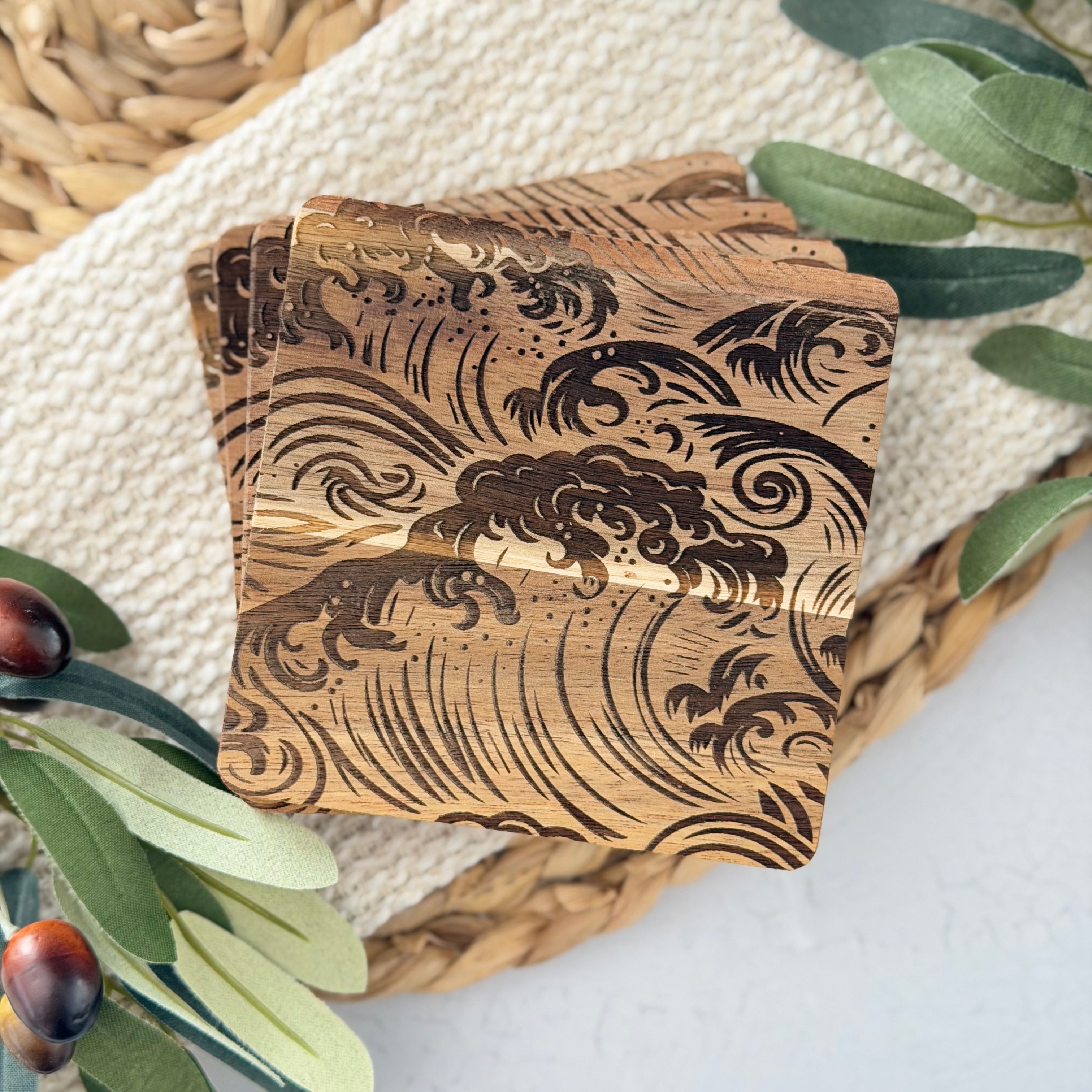 Wave Engraved Wooden Acacia Coaster Set
