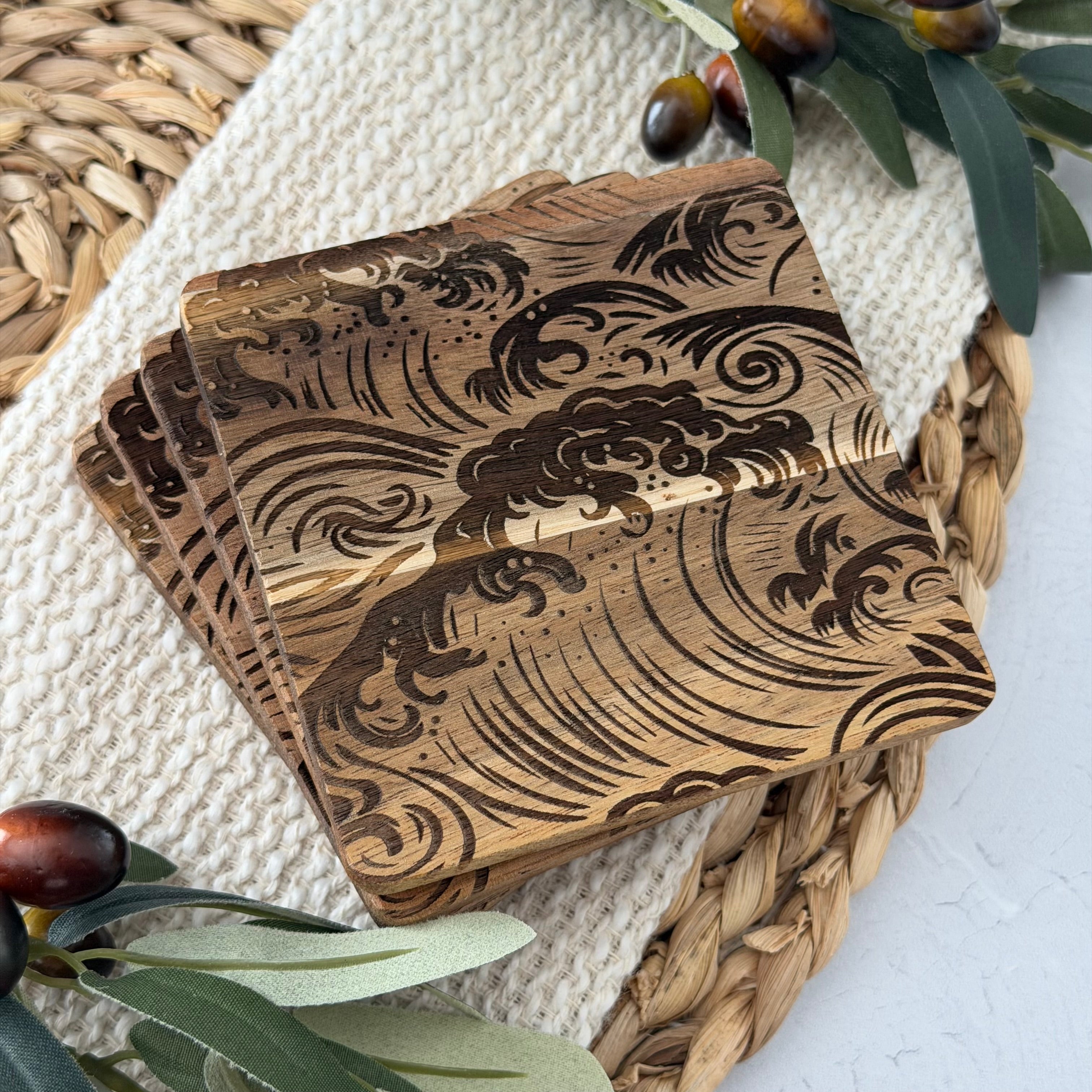 Wave Engraved Wooden Acacia Coaster Set