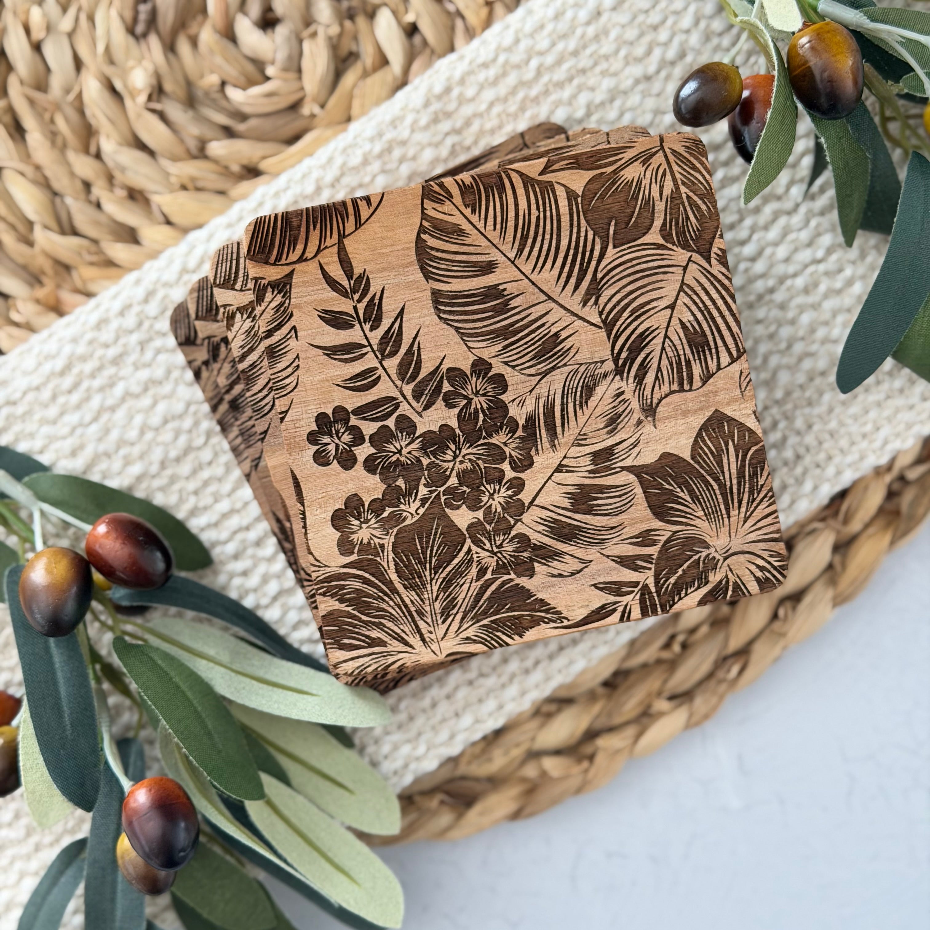 Tropical Palm Wooden Acacia Coaster Set