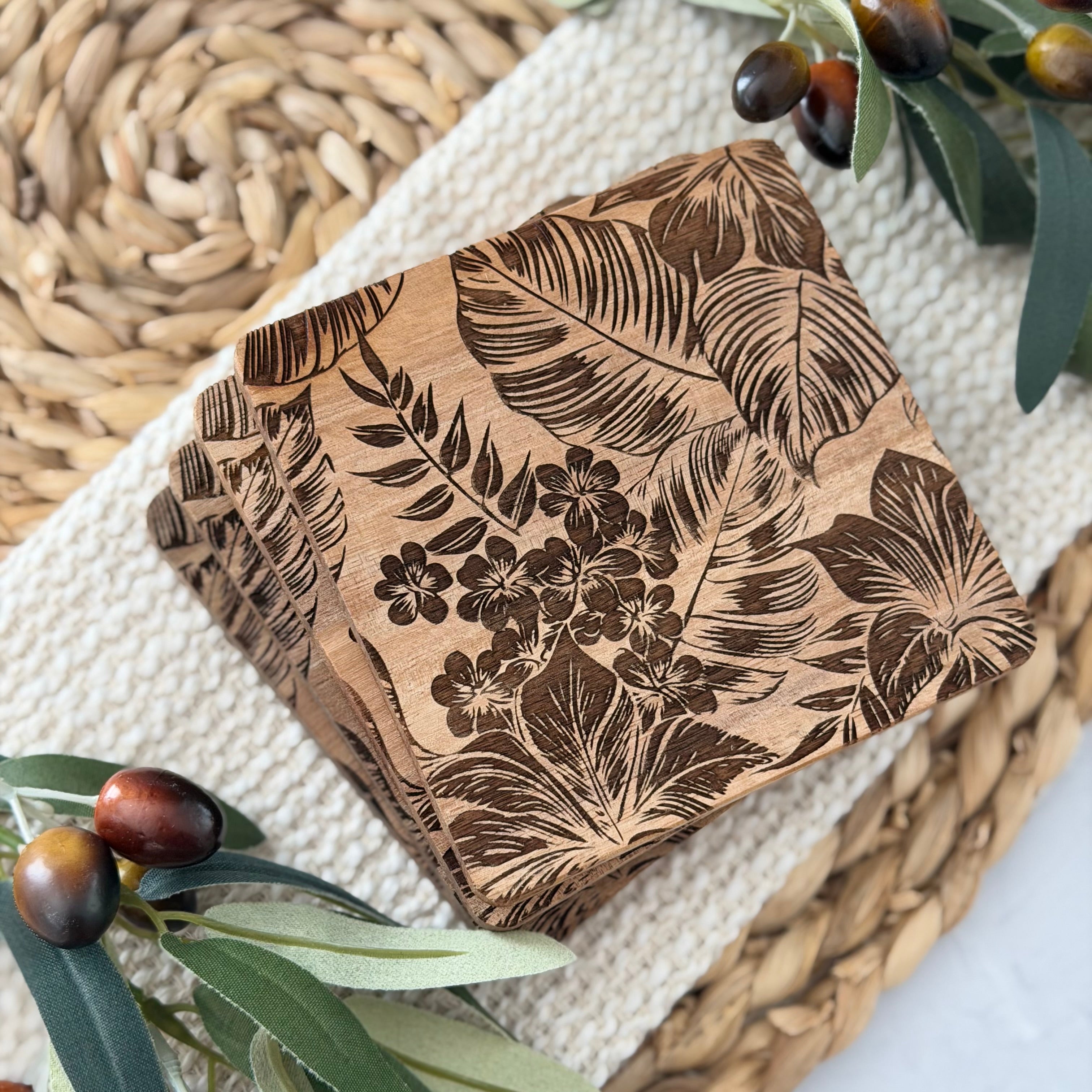 Tropical Palm Wooden Acacia Coaster Set