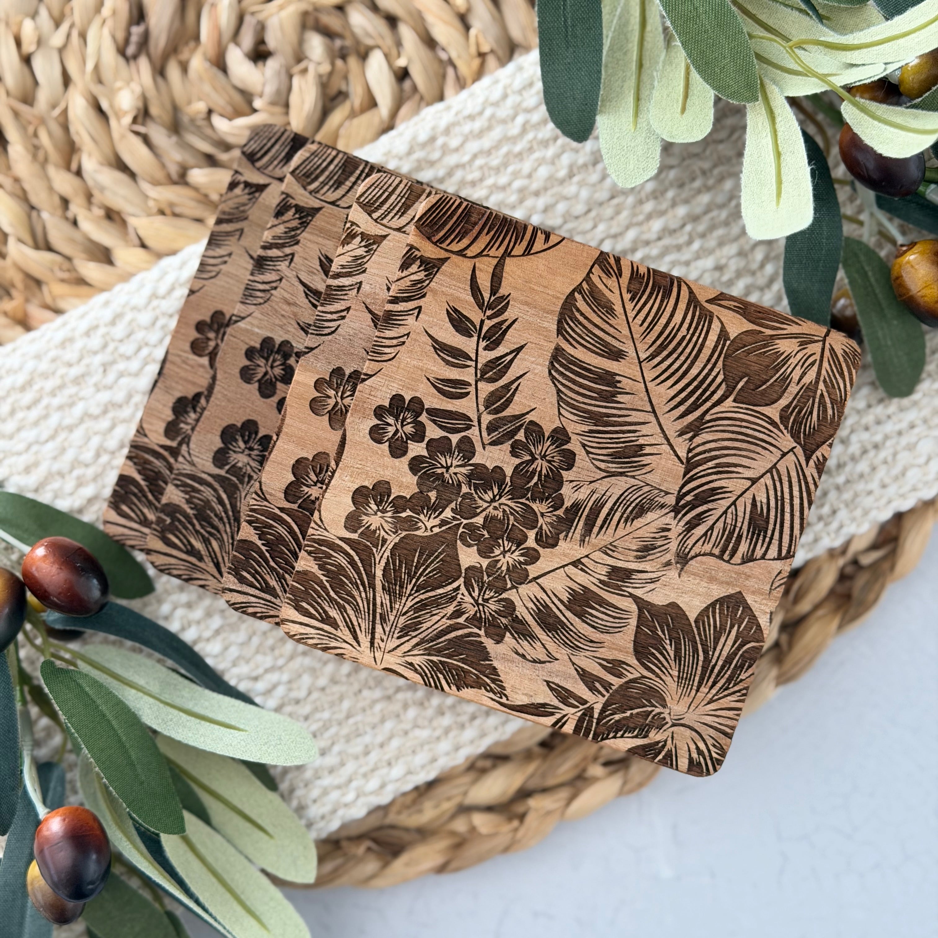Tropical Palm Wooden Acacia Coaster Set