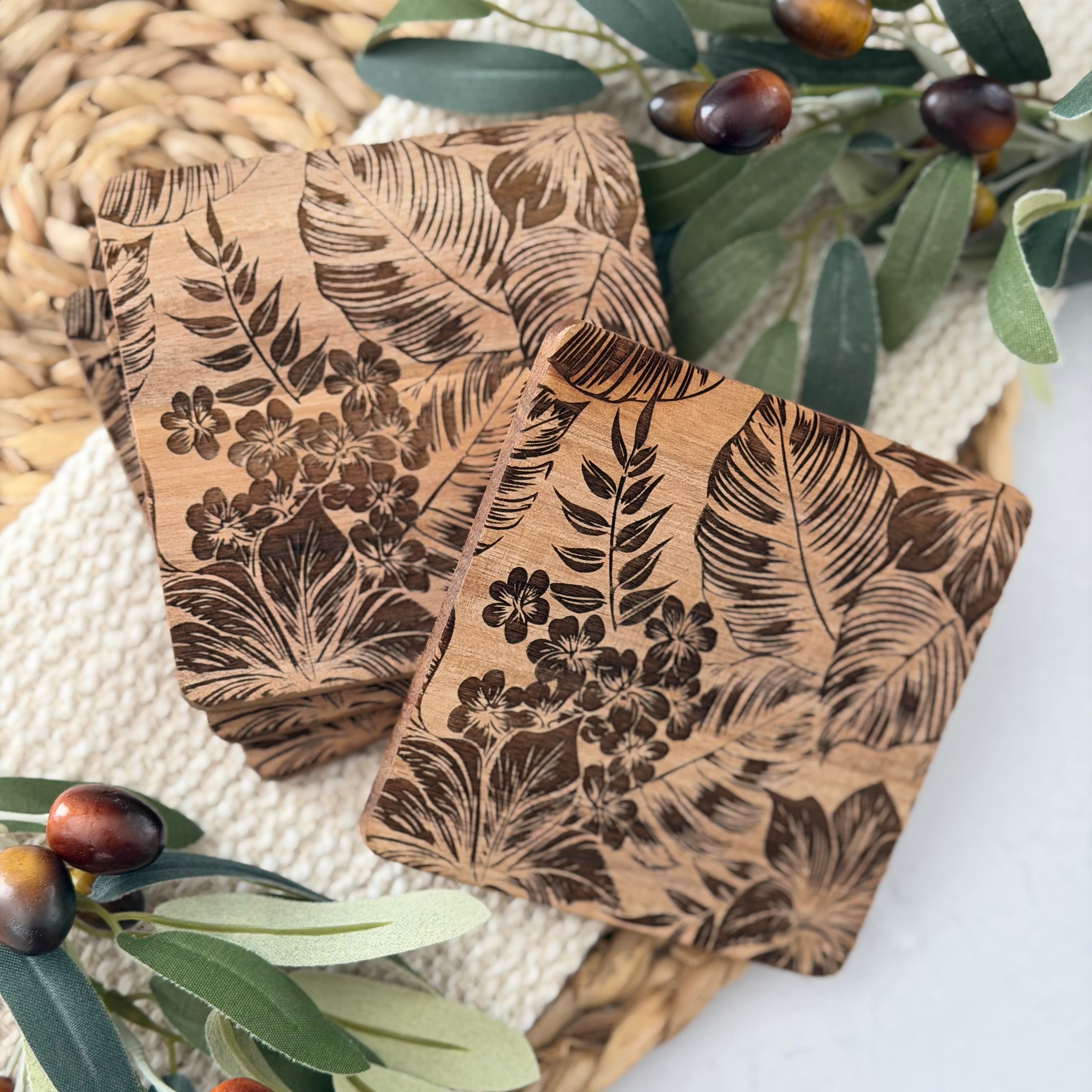 Tropical Palm Wooden Acacia Coaster Set