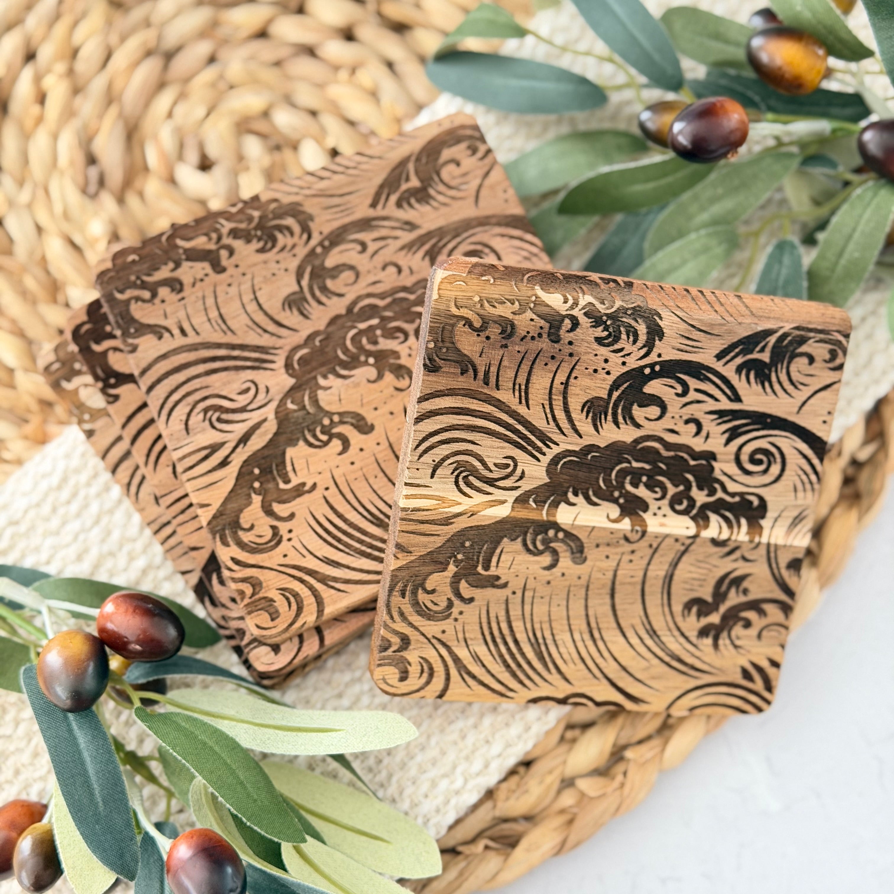 Wave Engraved Wooden Acacia Coaster Set
