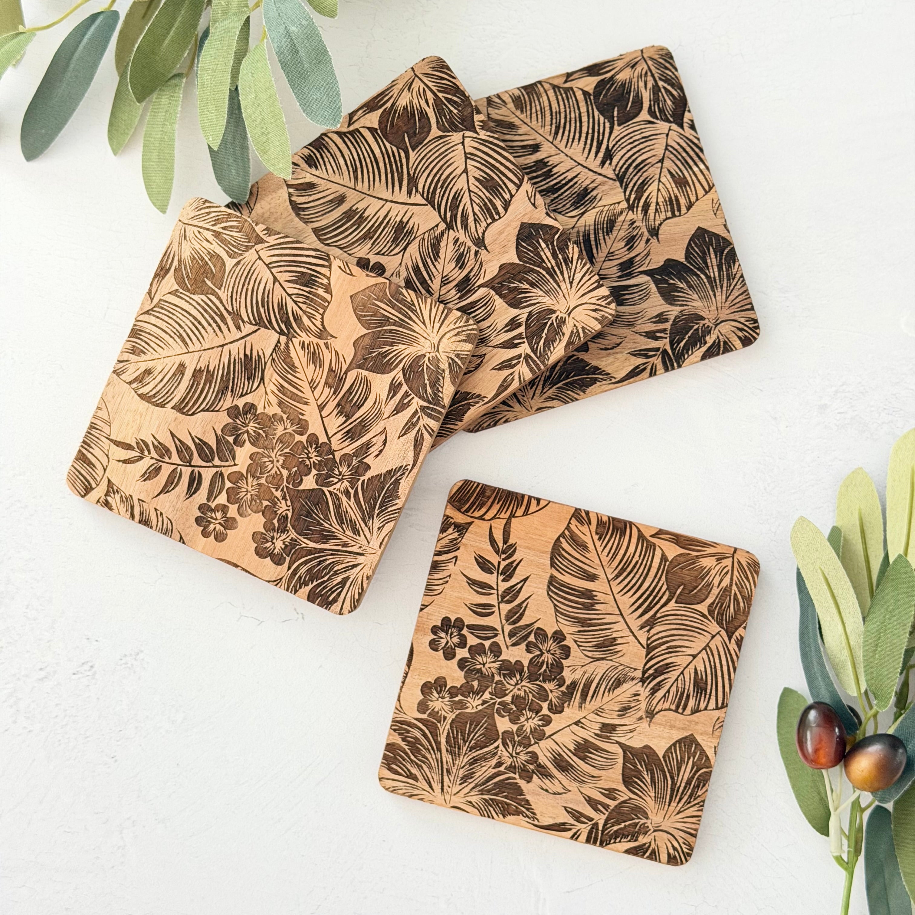 Tropical Palm Wooden Acacia Coaster Set