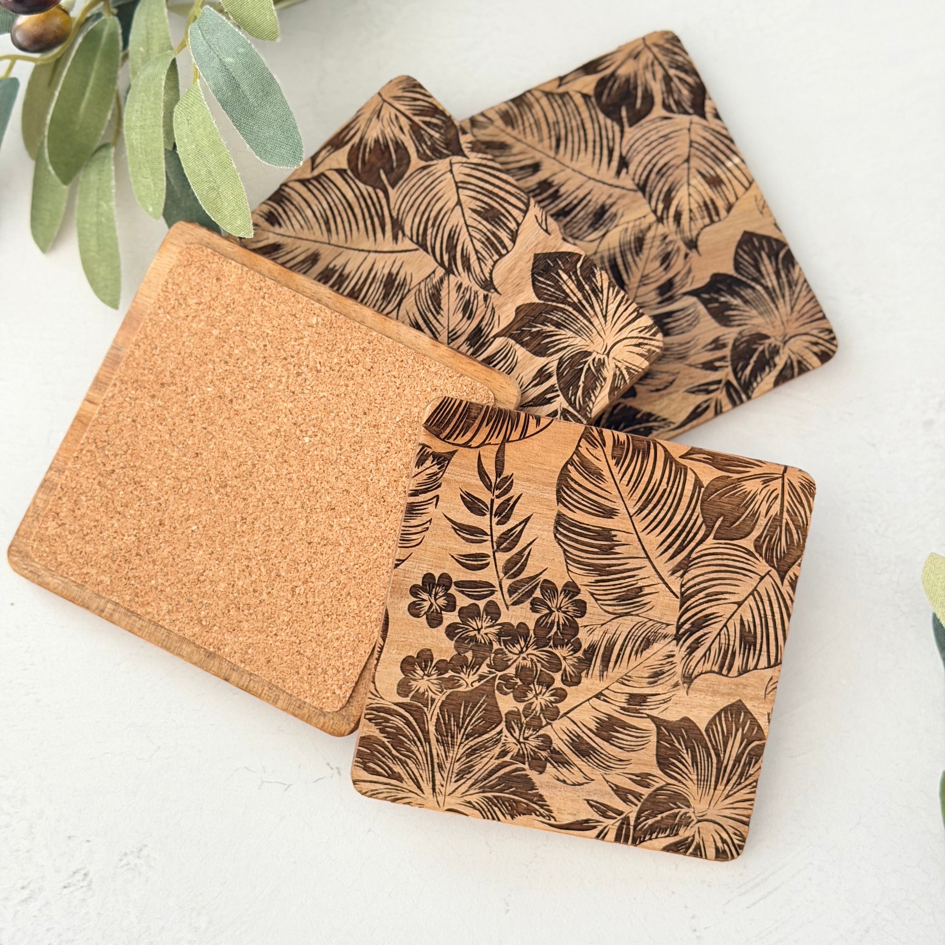 Tropical Palm Wooden Acacia Coaster Set