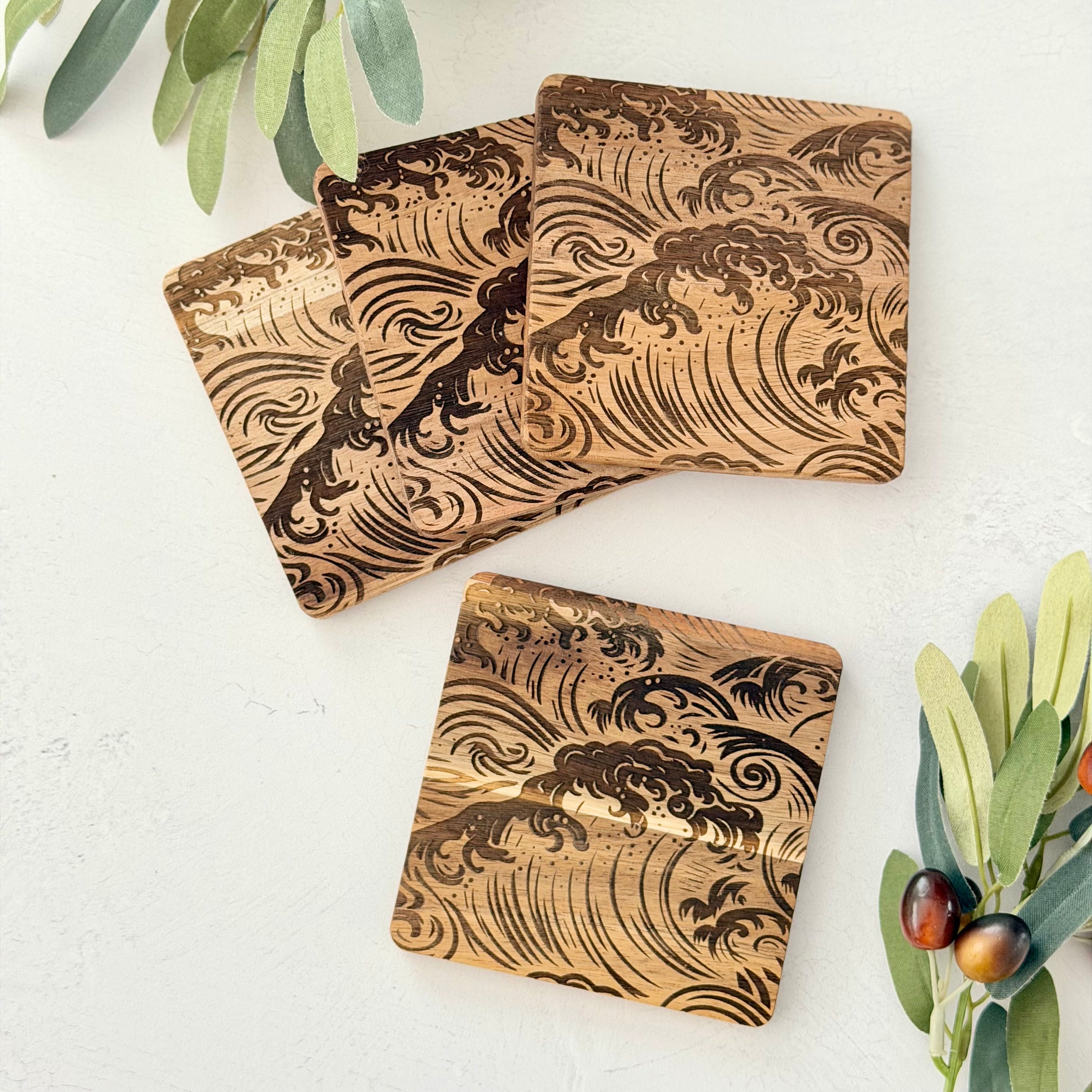 Wave Engraved Wooden Acacia Coaster Set