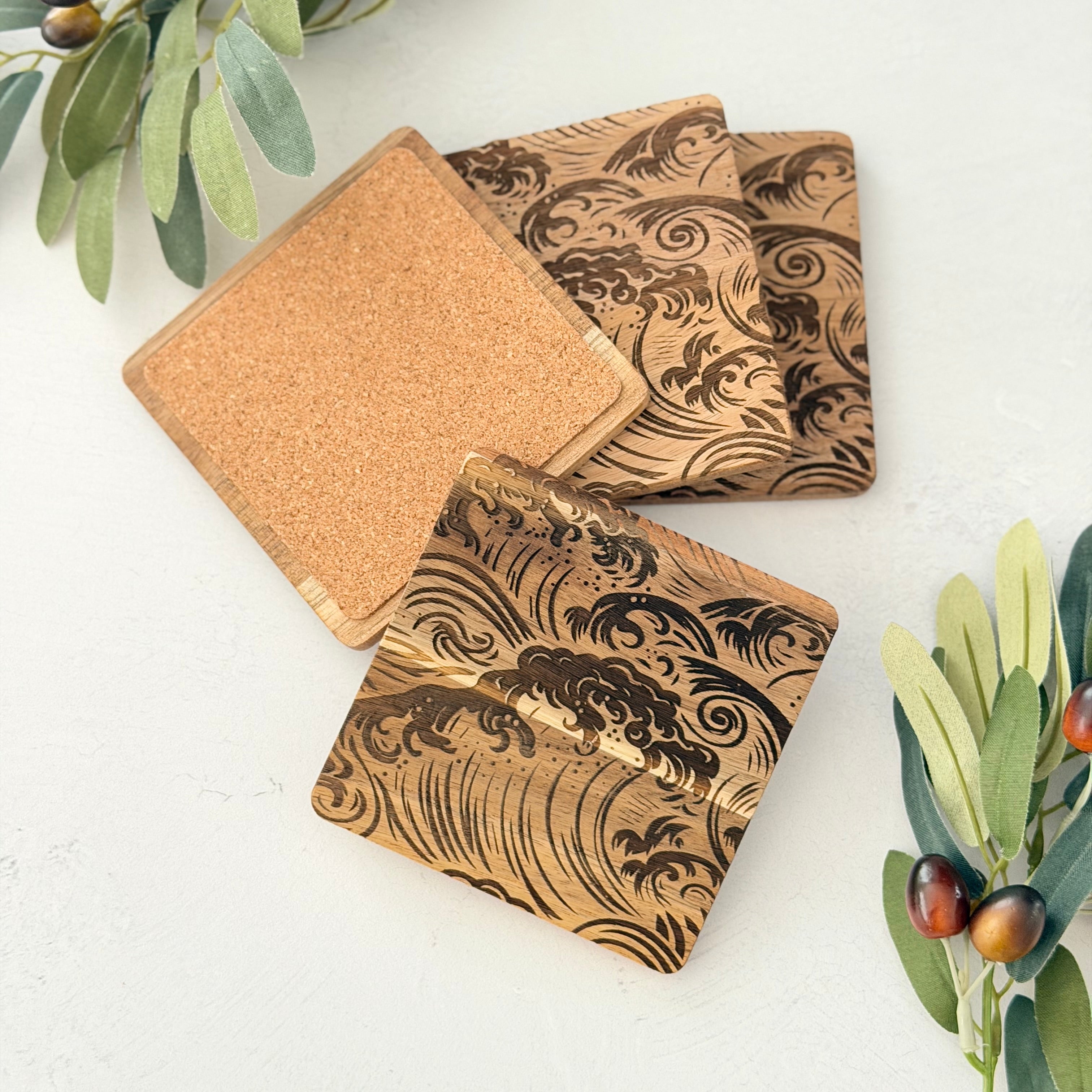 Wave Engraved Wooden Acacia Coaster Set