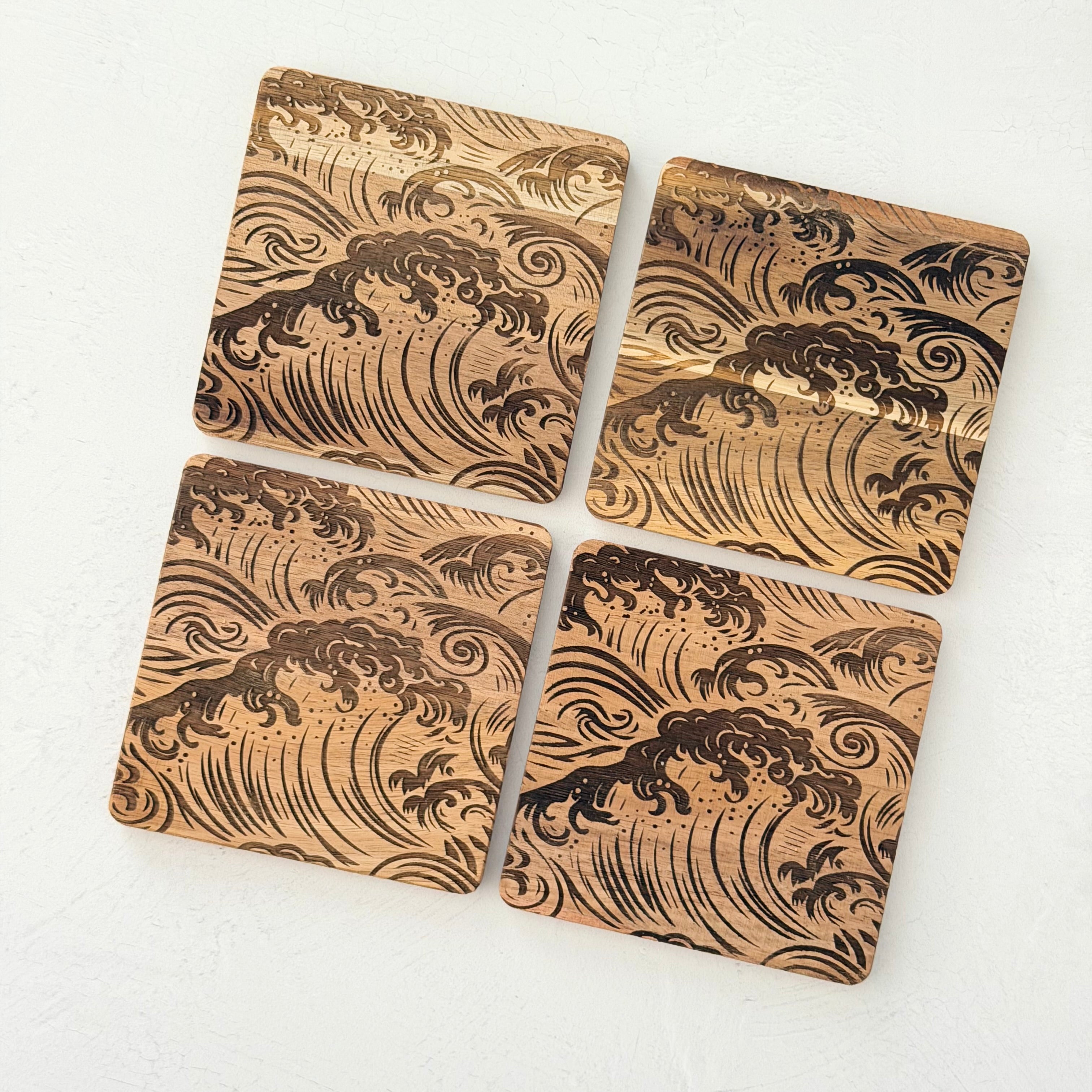 Wave Engraved Wooden Acacia Coaster Set
