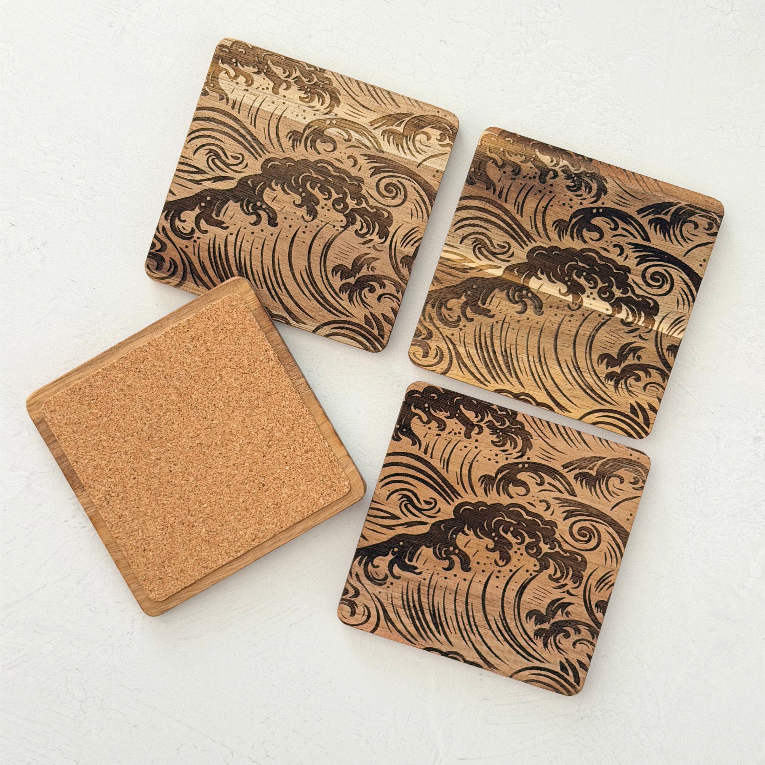 Wave Engraved Wooden Acacia Coaster Set