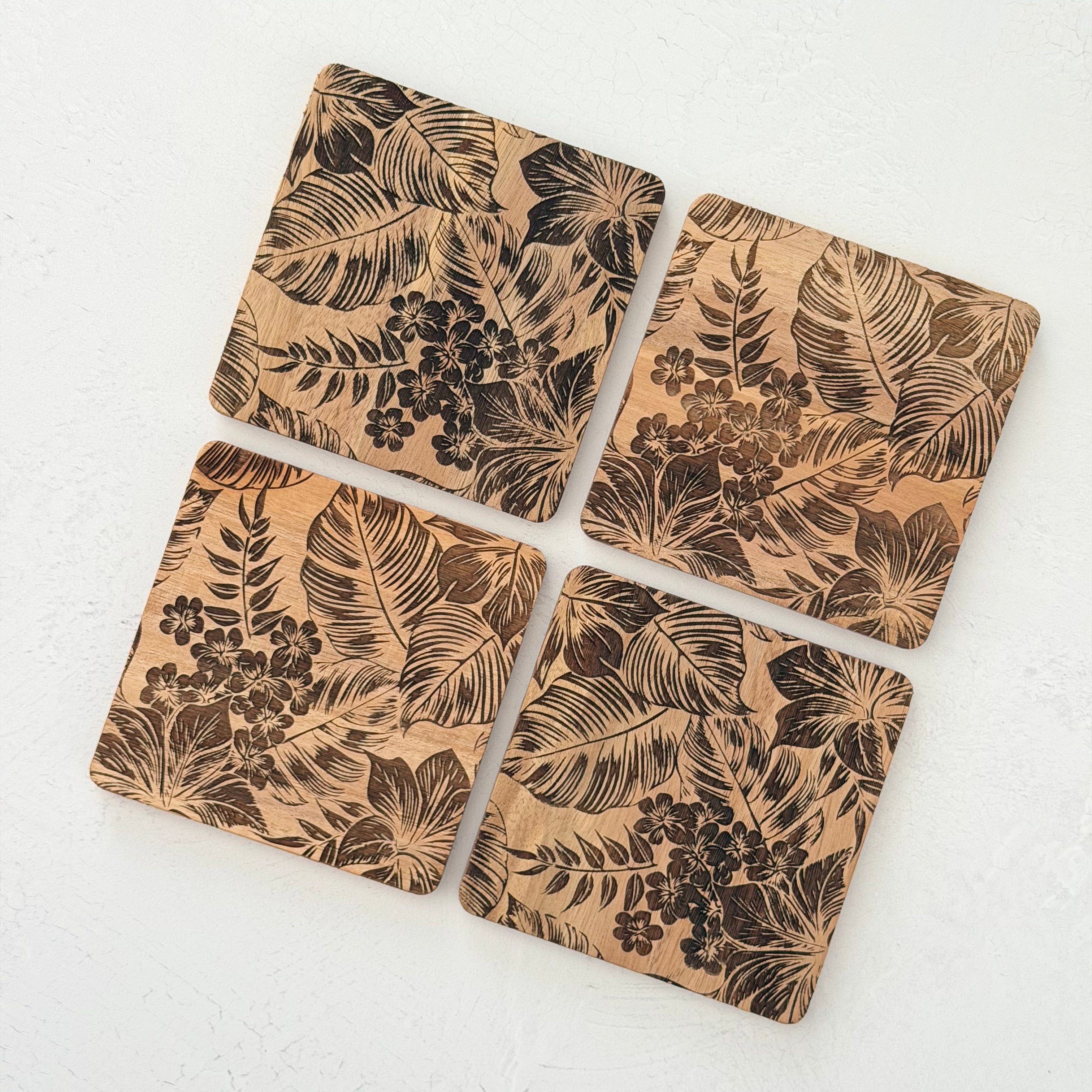 Tropical Palm Wooden Acacia Coaster Set