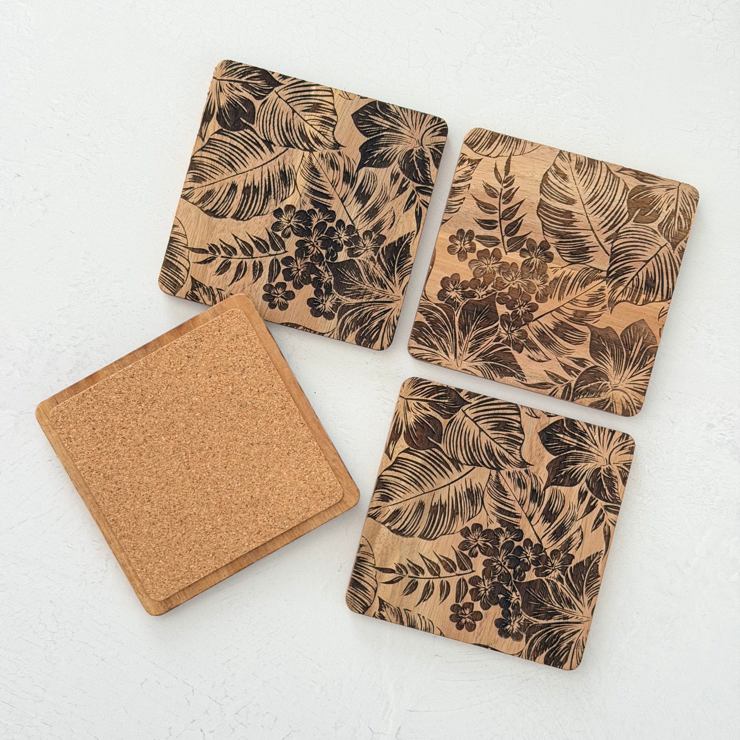 Tropical Palm Wooden Acacia Coaster Set