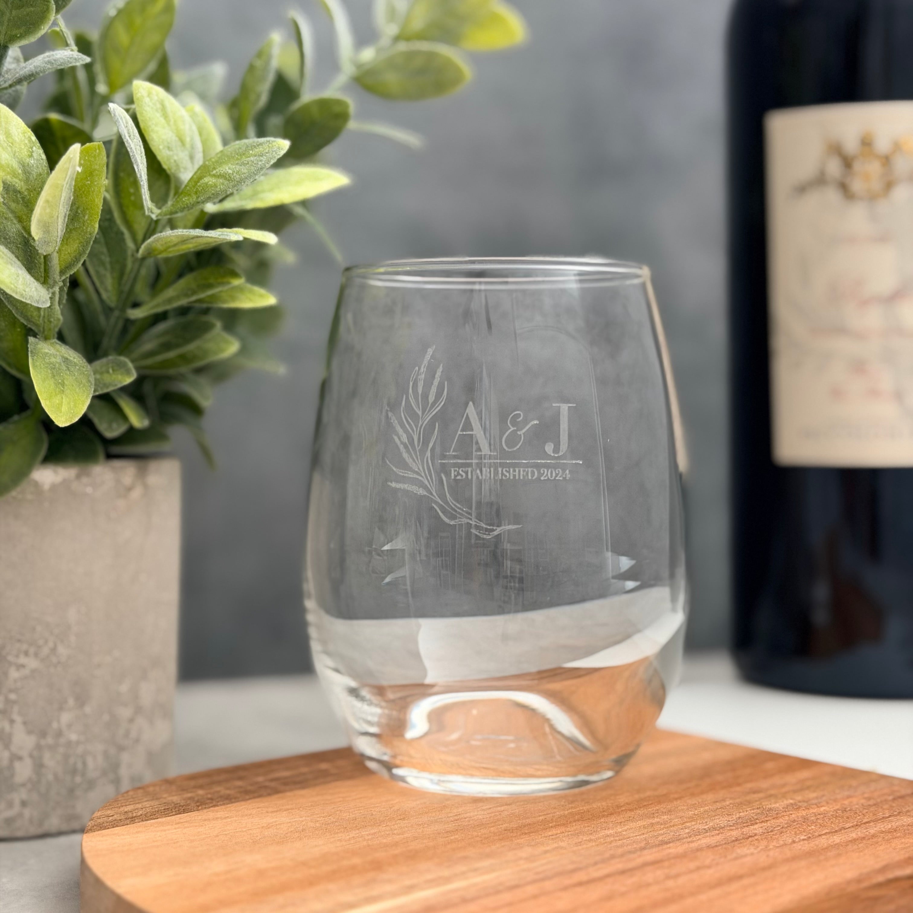 Personalized Engraved Stemless Wine Glass | Custom Initials & Date