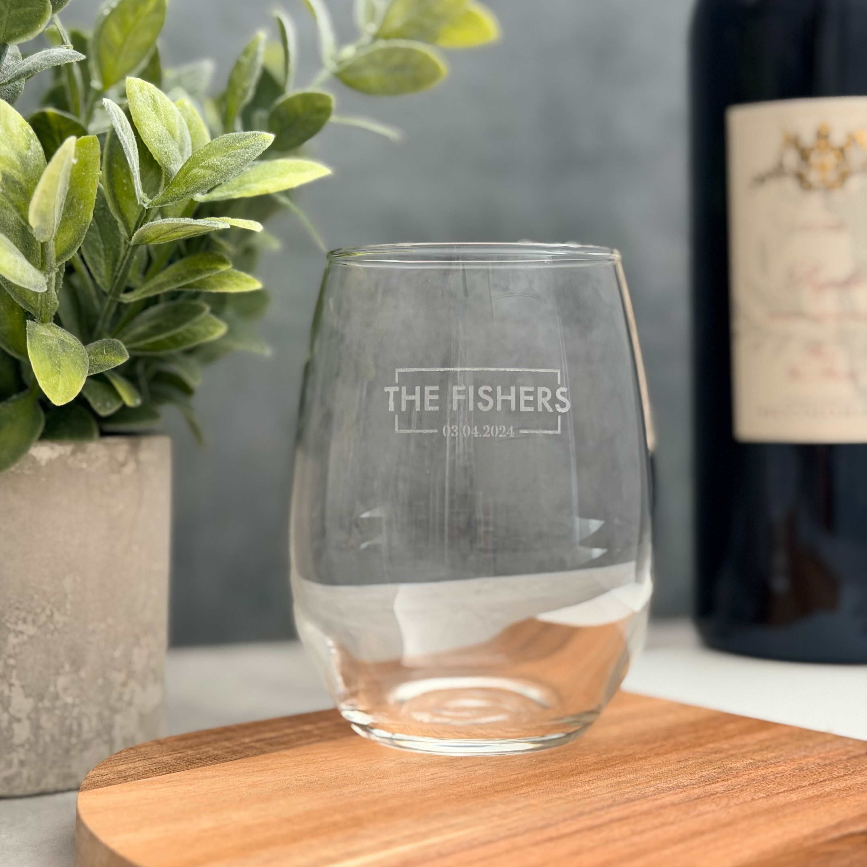 Personalized Engraved Stemless Wine Glass | Family Name & Date