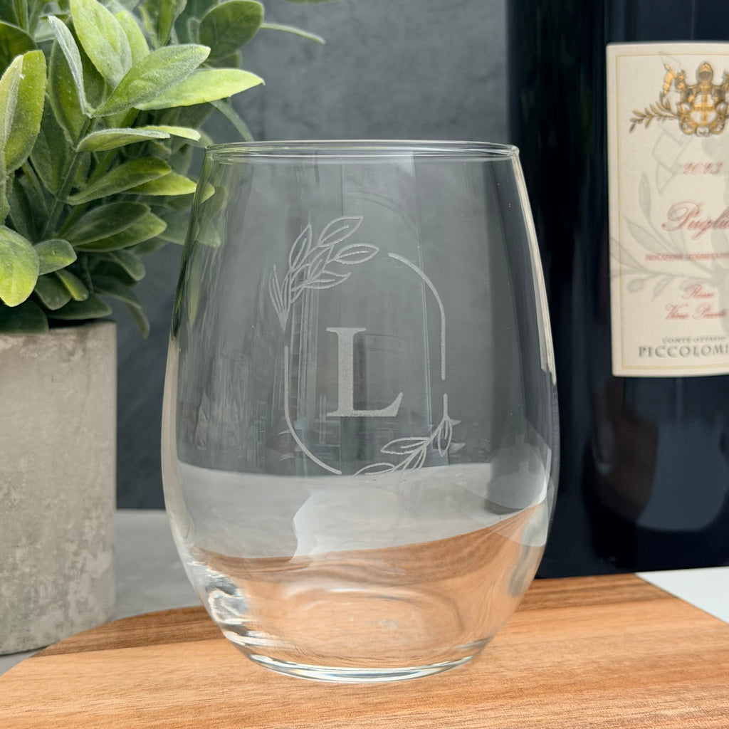 Personalized Engraved Stemless Wine Glass | Custom Initial