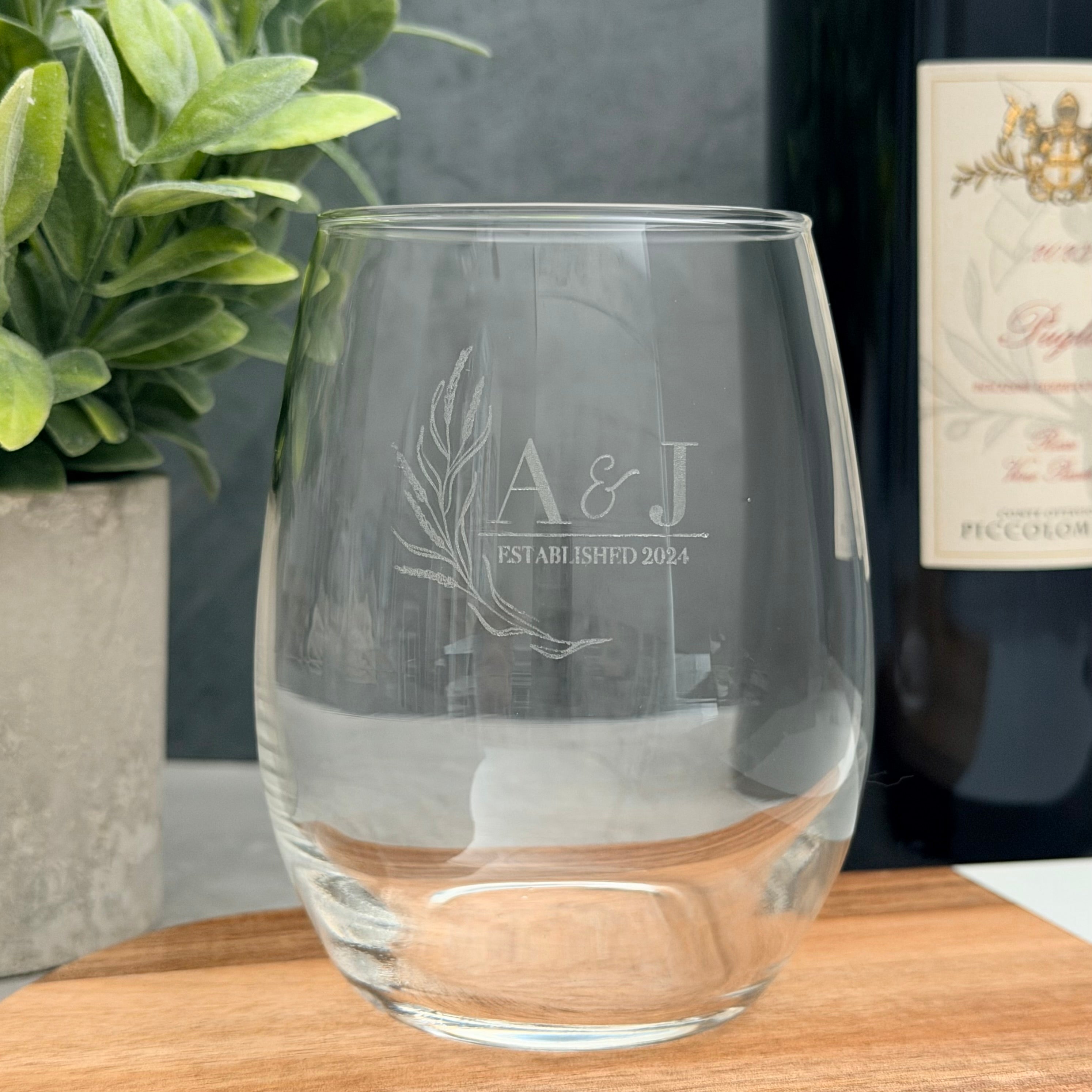 Personalized Engraved Stemless Wine Glass | Custom Initials & Date