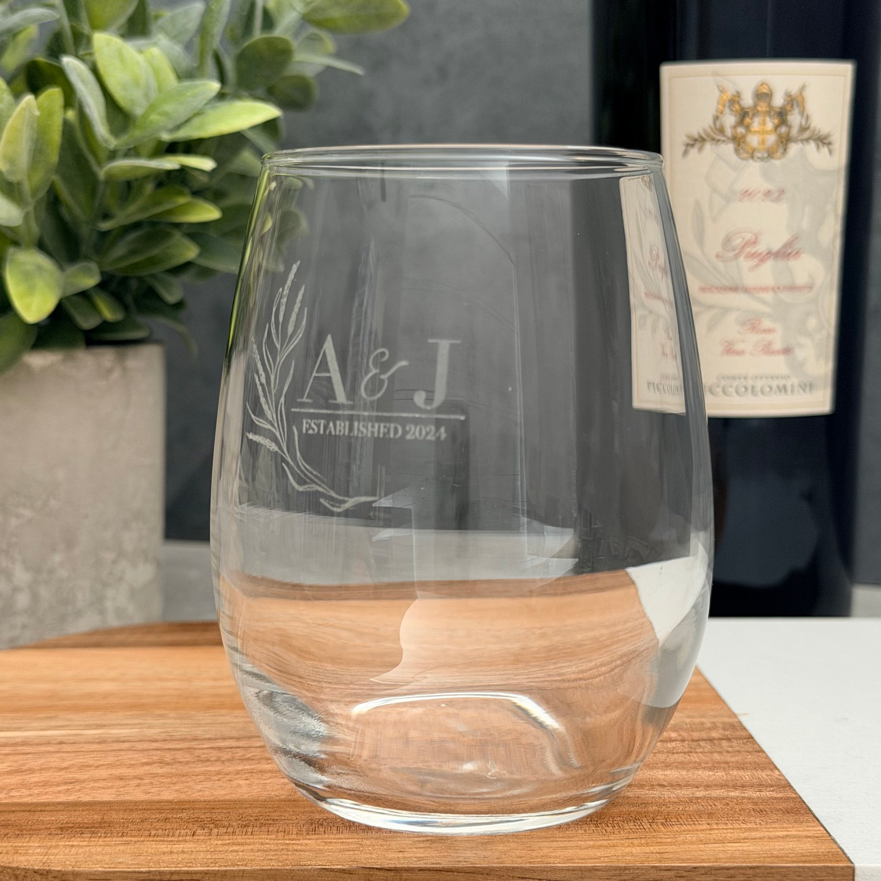Personalized Engraved Stemless Wine Glass | Custom Initials & Date