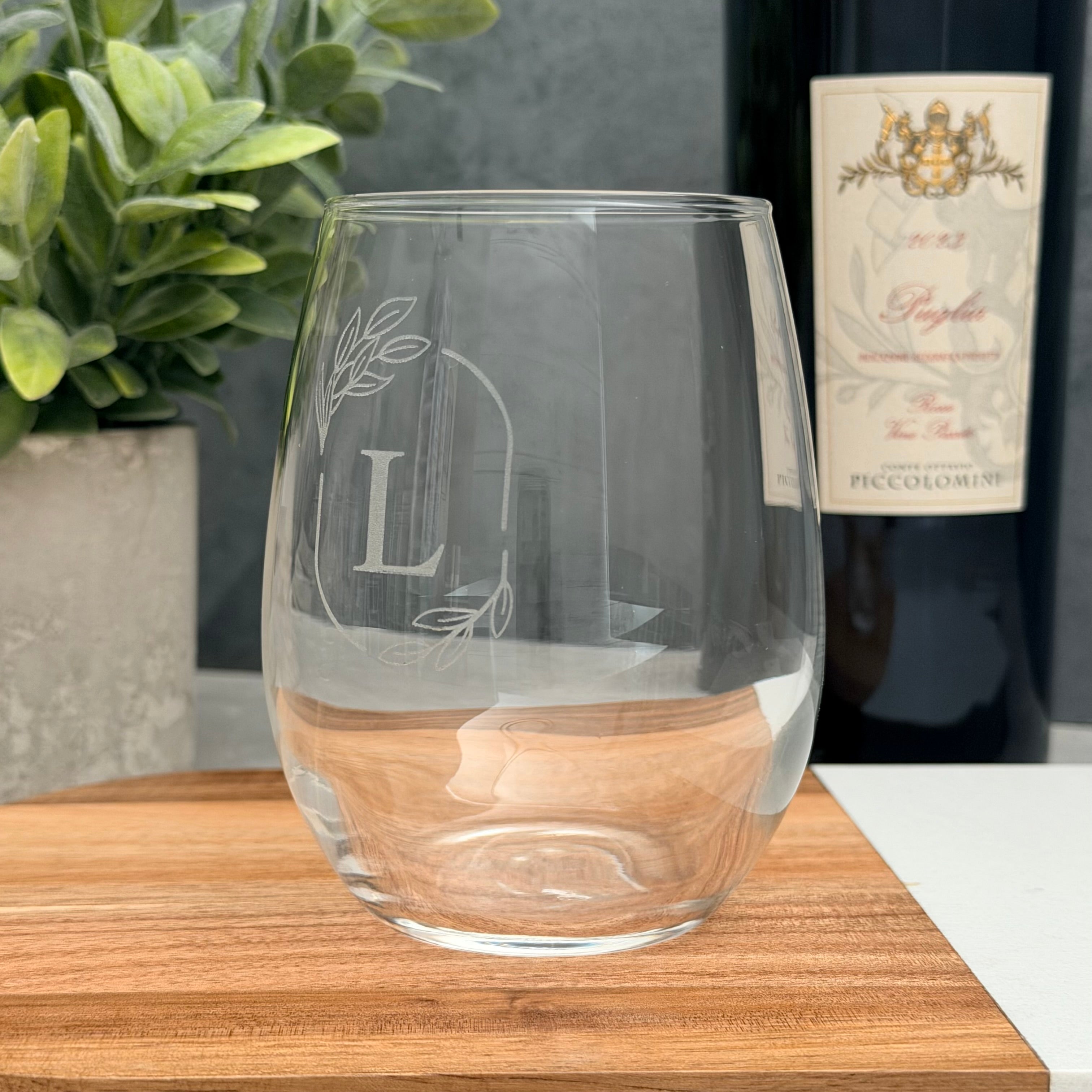 Personalized Engraved Stemless Wine Glass | Custom Initial