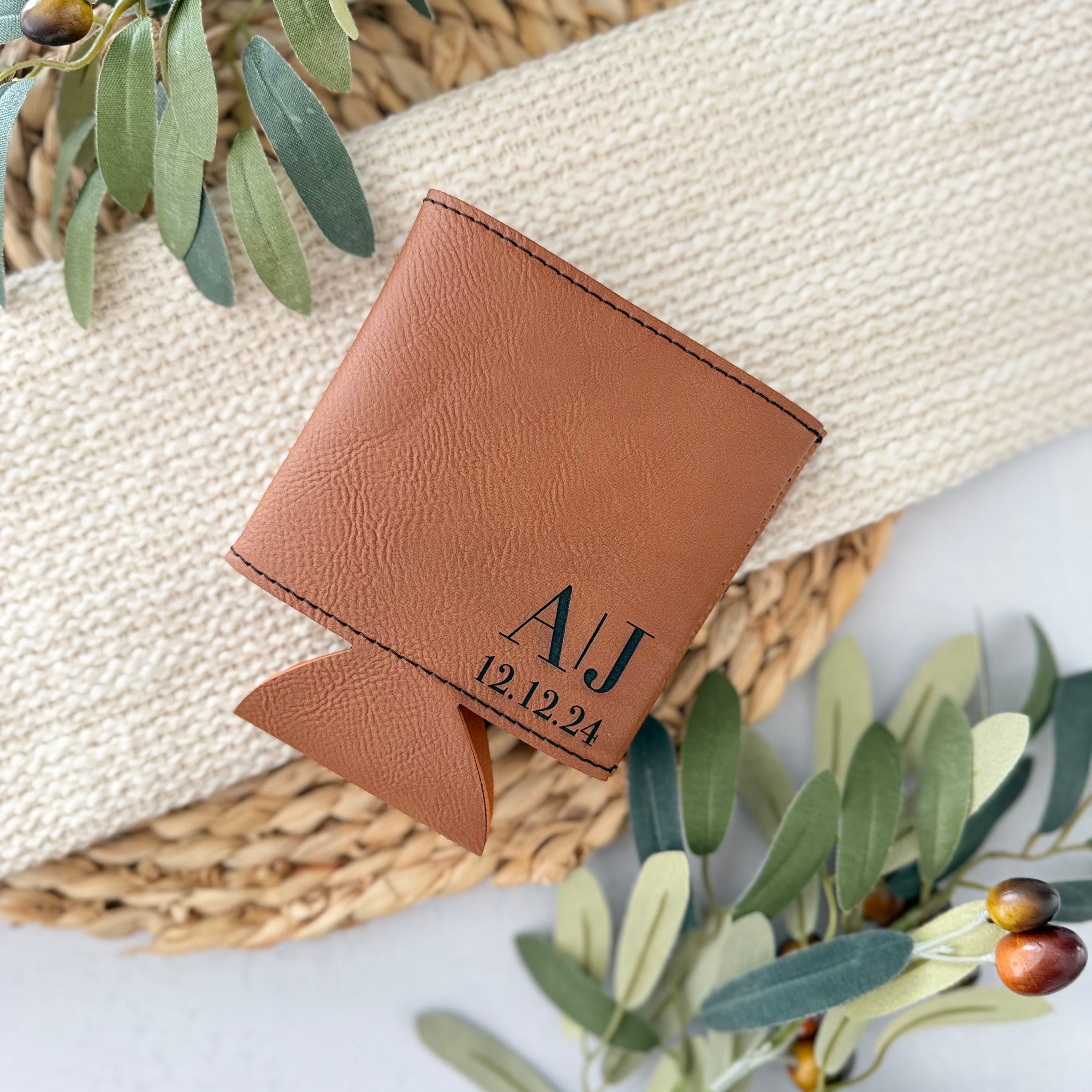 Personalized Leather Can Cooler | Initials & Date