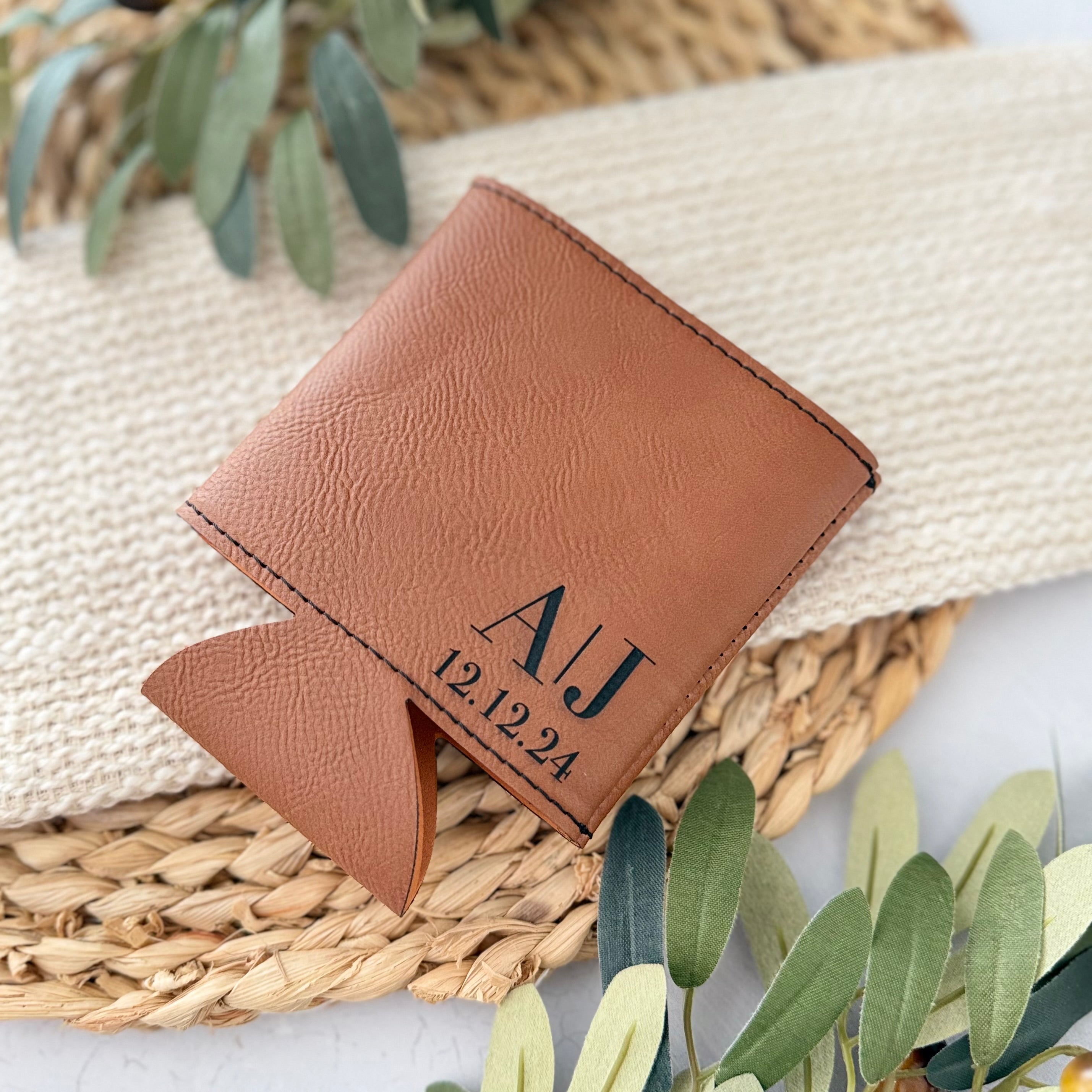 Personalized Leather Can Cooler | Initials & Date