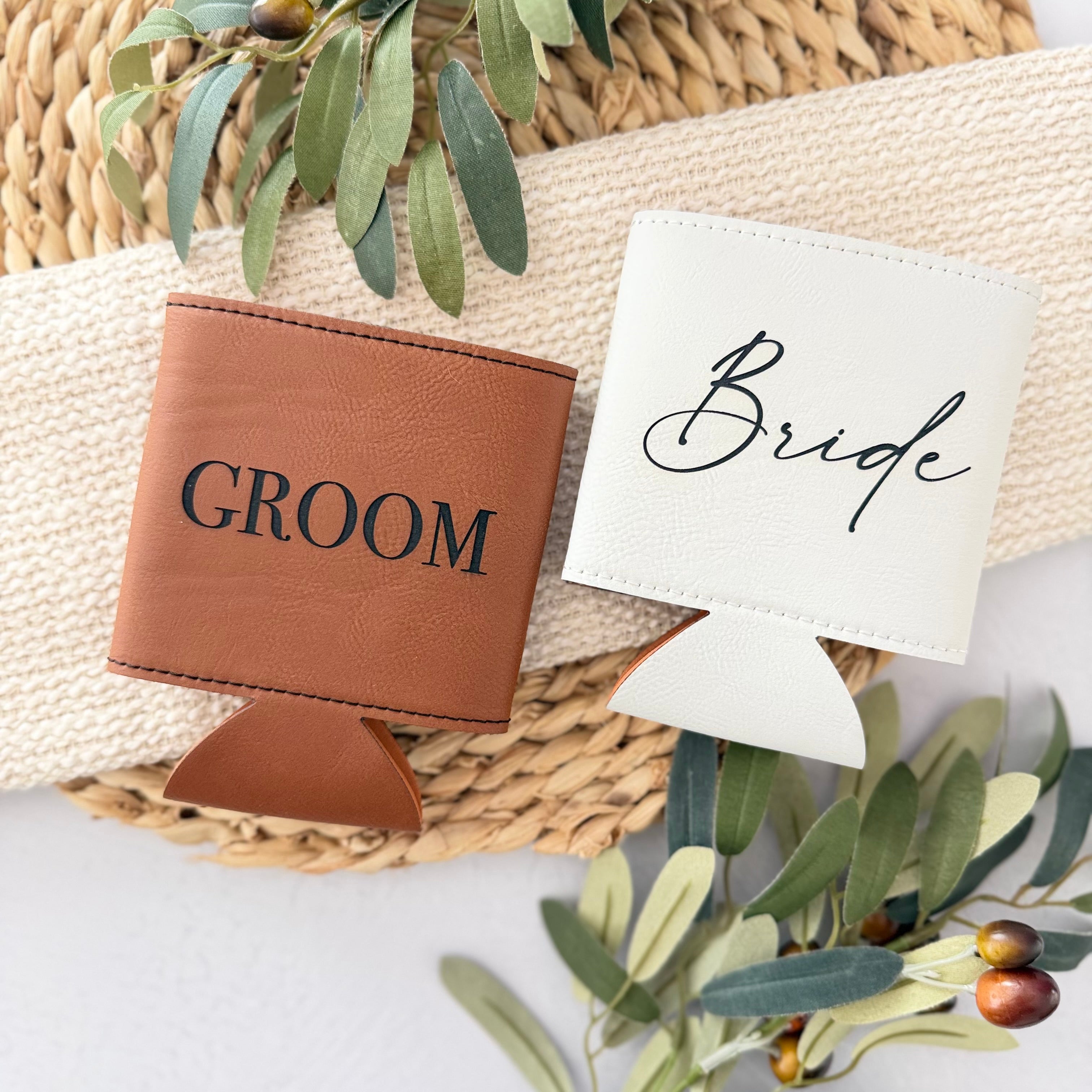 Bride and Groom Leather Can Cooler Set