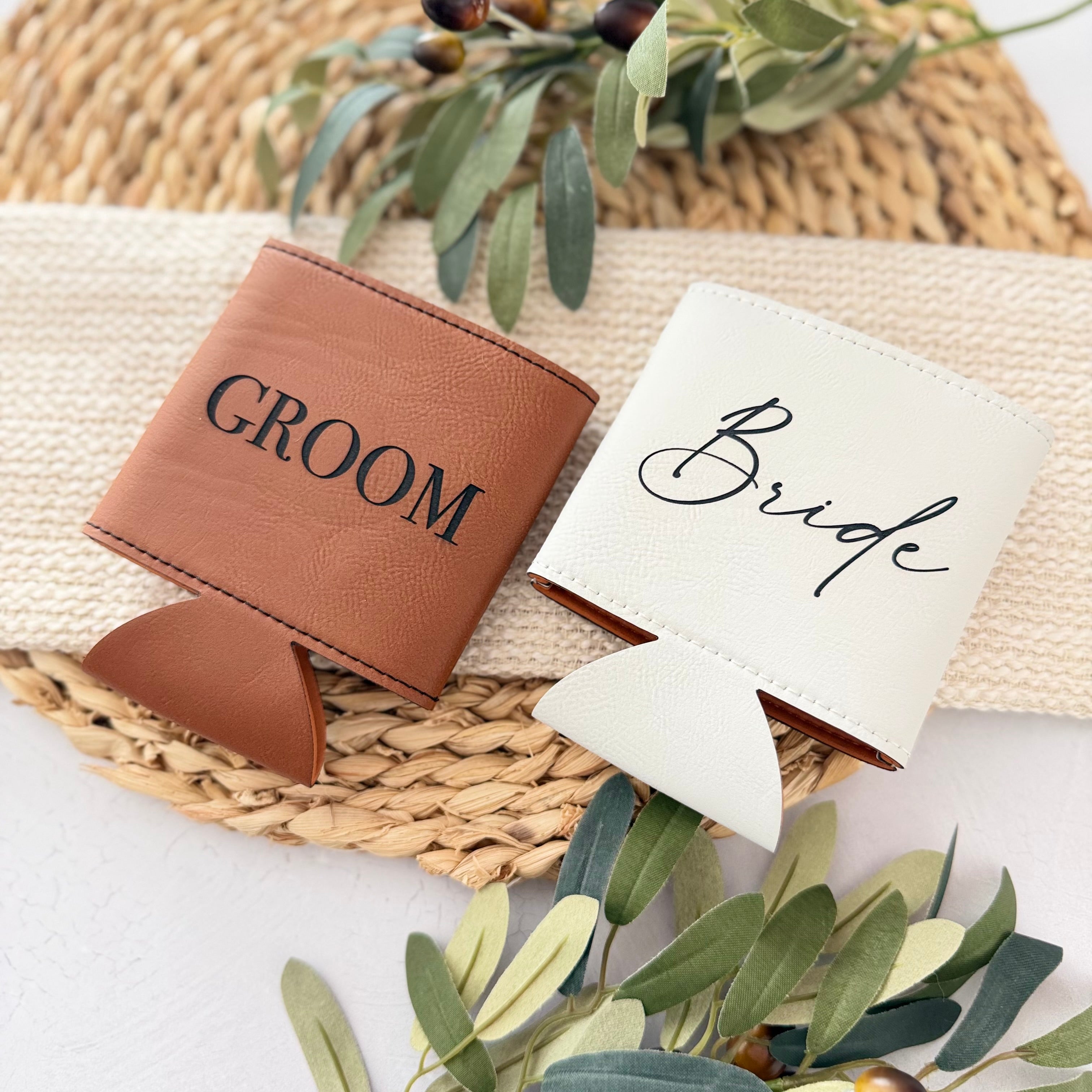 Bride and Groom Leather Can Cooler Set