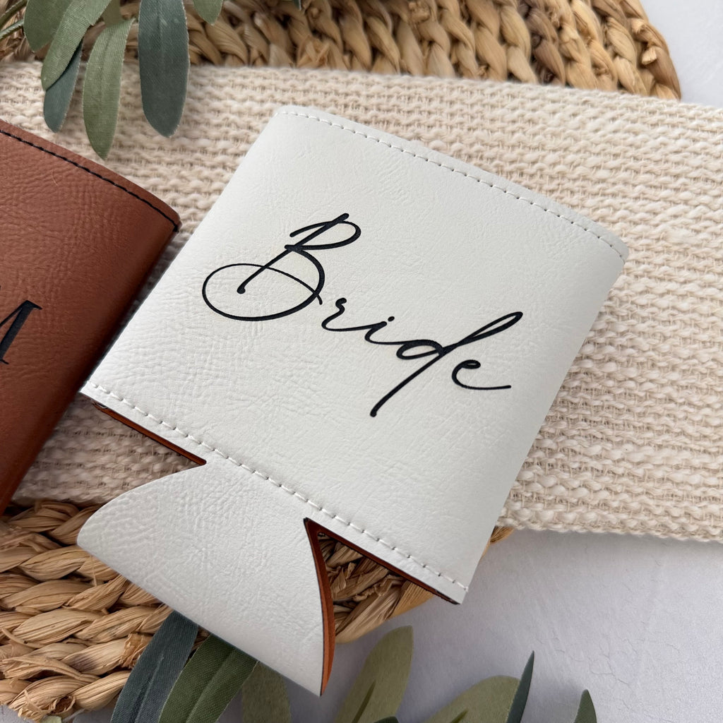 Bride and Groom Leather Can Cooler Set