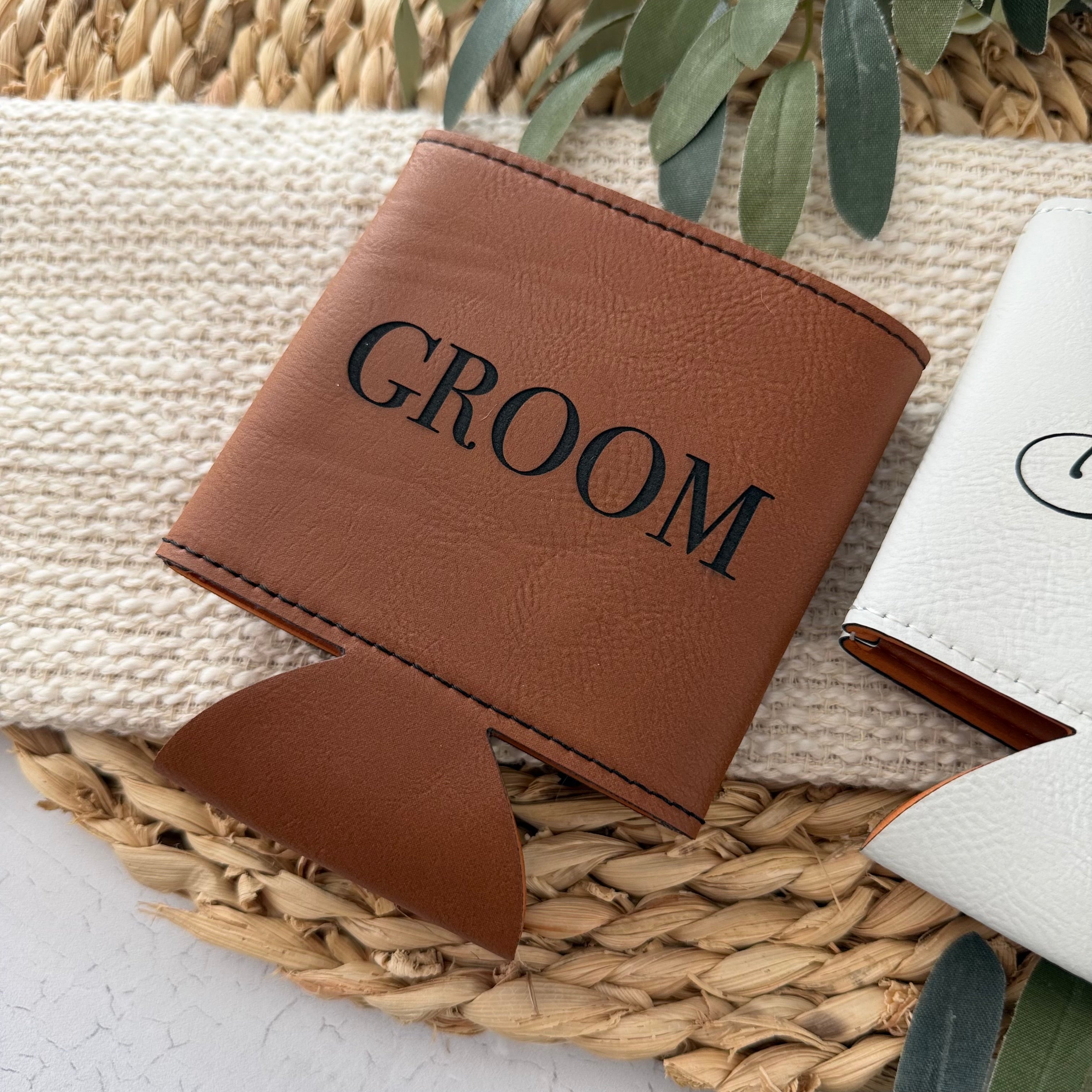 Bride and Groom Leather Can Cooler Set