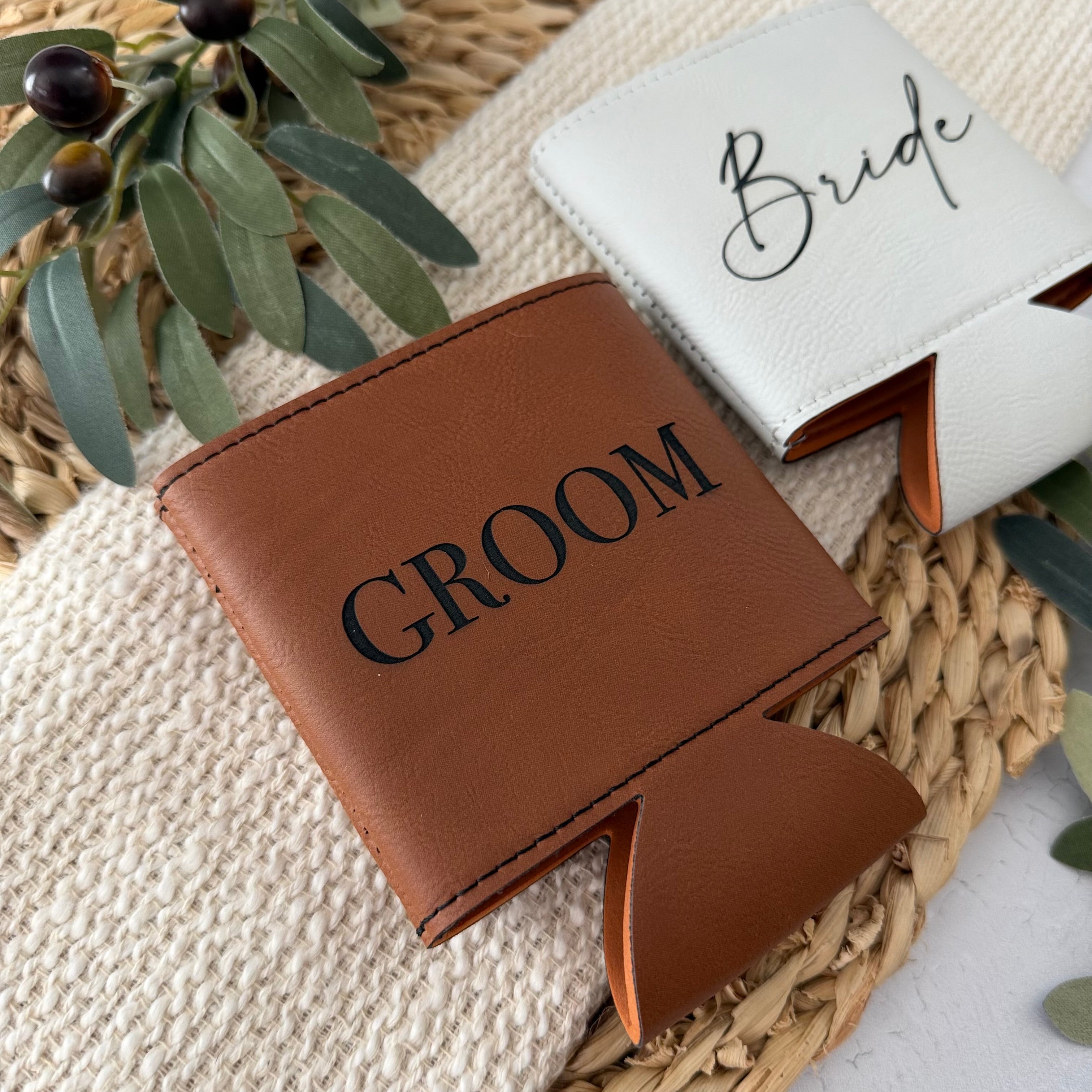 Bride and Groom Leather Can Cooler Set