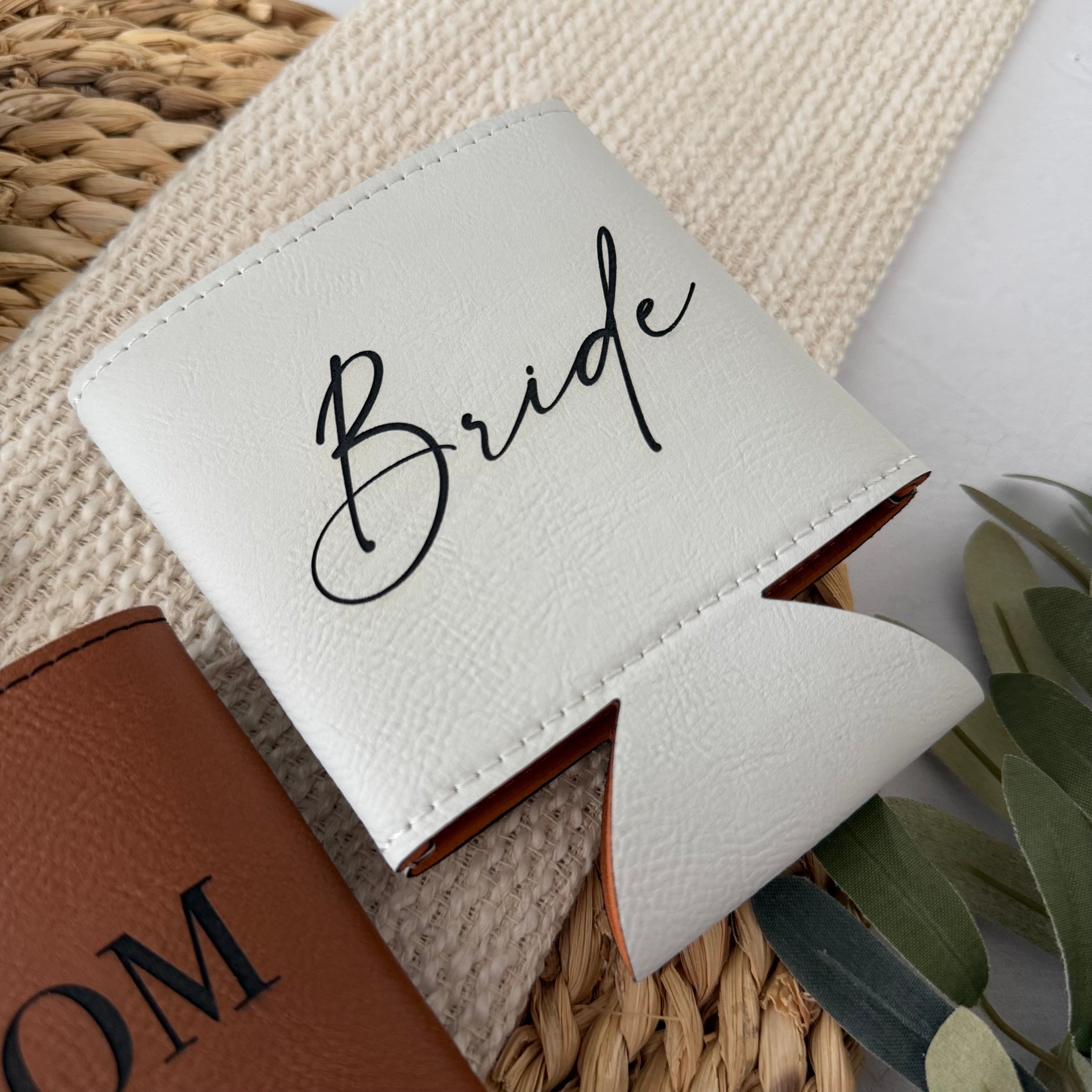 Bride and Groom Leather Can Cooler Set