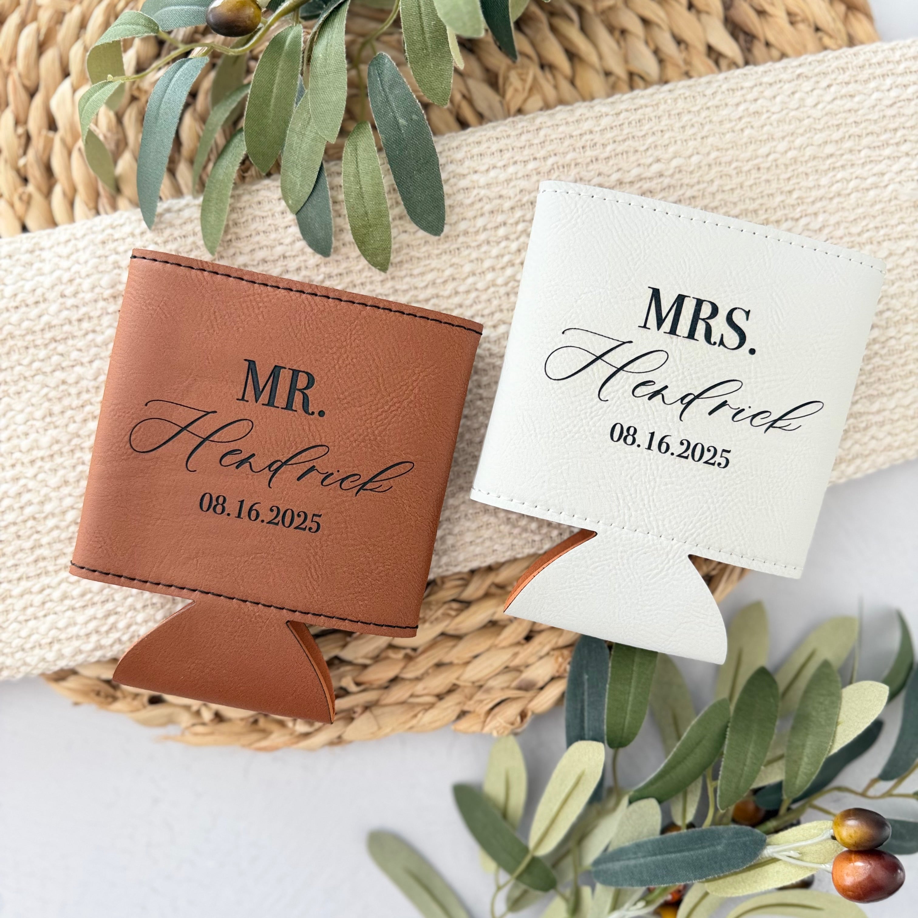Personalized Leather Can Cooler | Custom Name Mr & Mrs