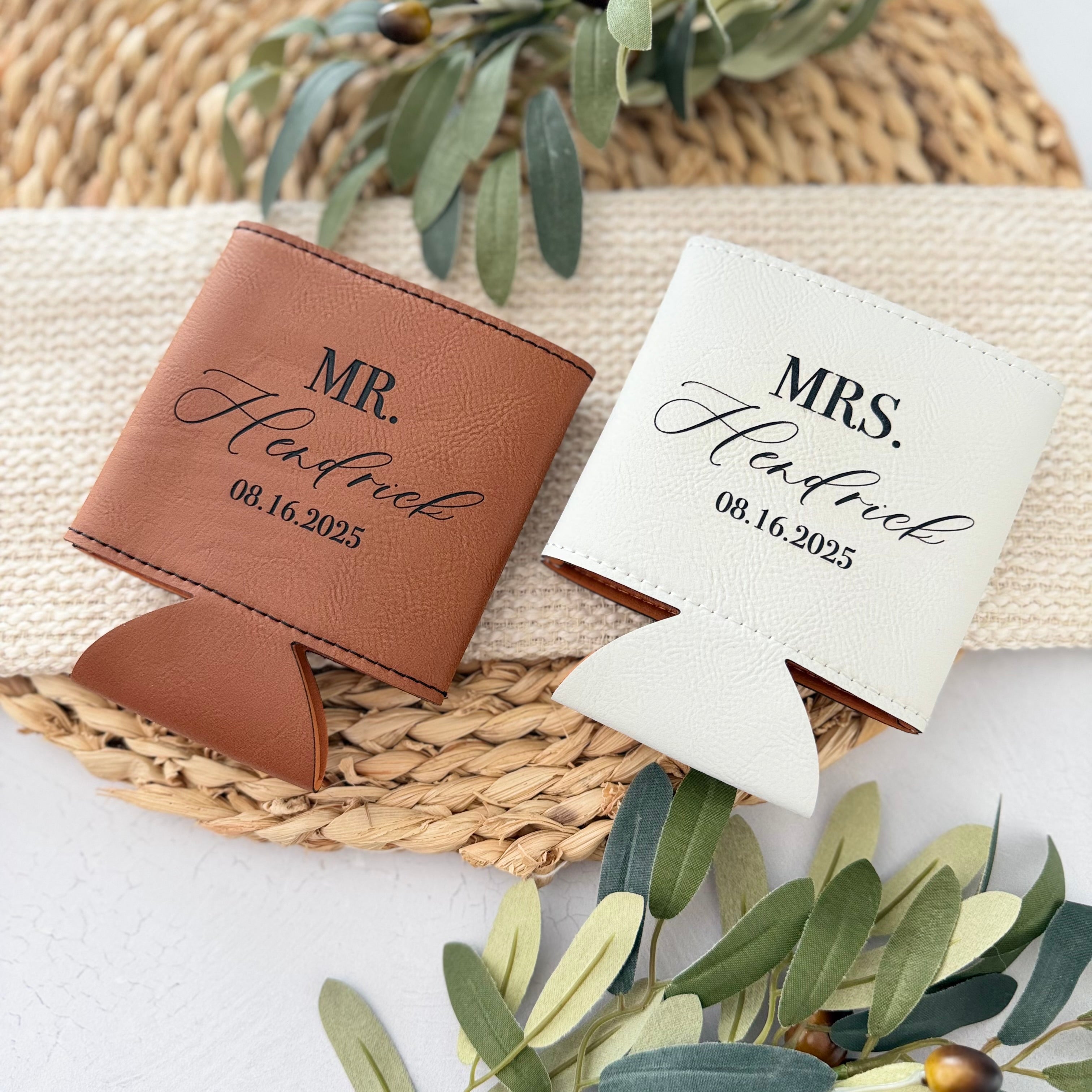 Personalized Leather Can Cooler | Custom Name Mr & Mrs