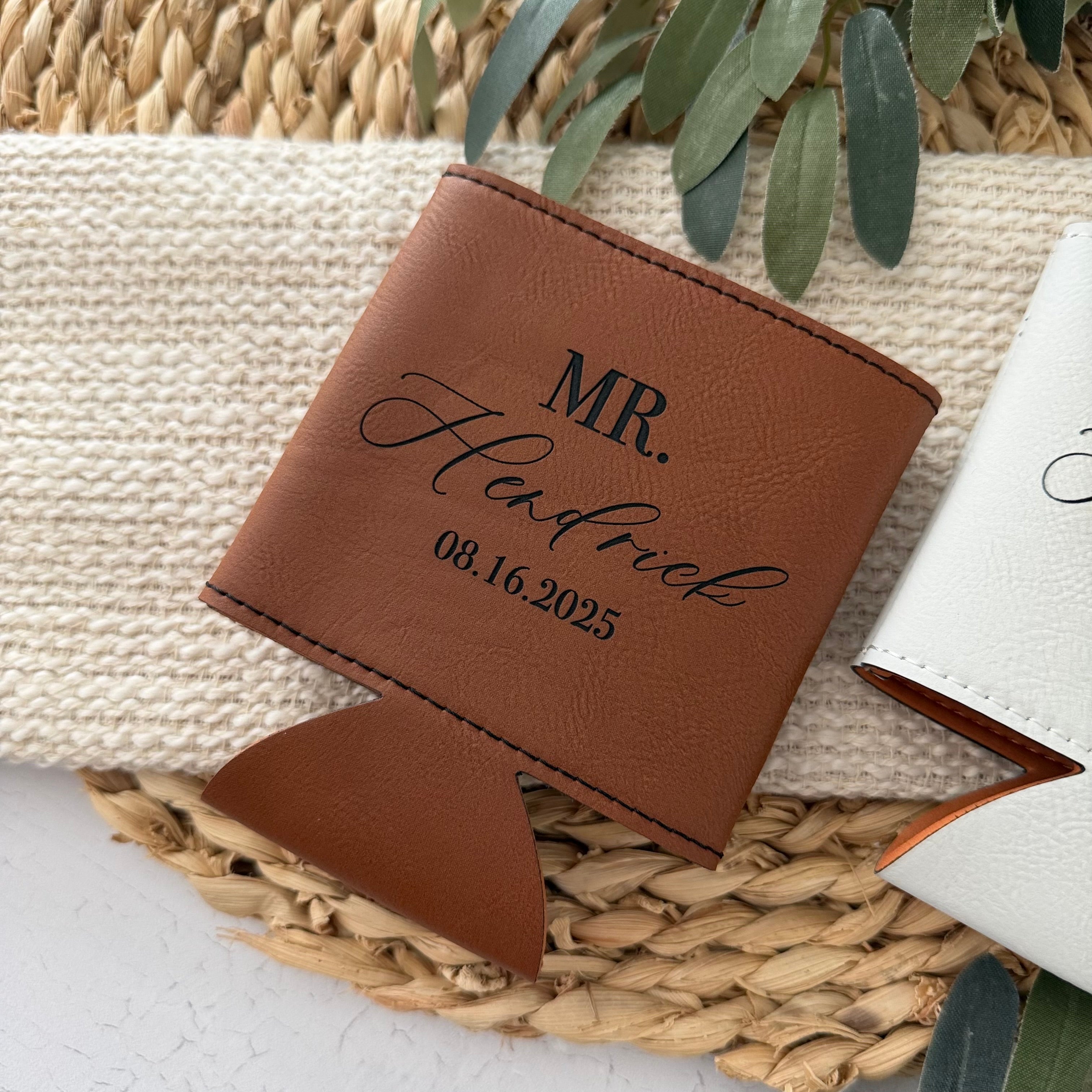 Personalized Leather Can Cooler | Custom Name Mr & Mrs