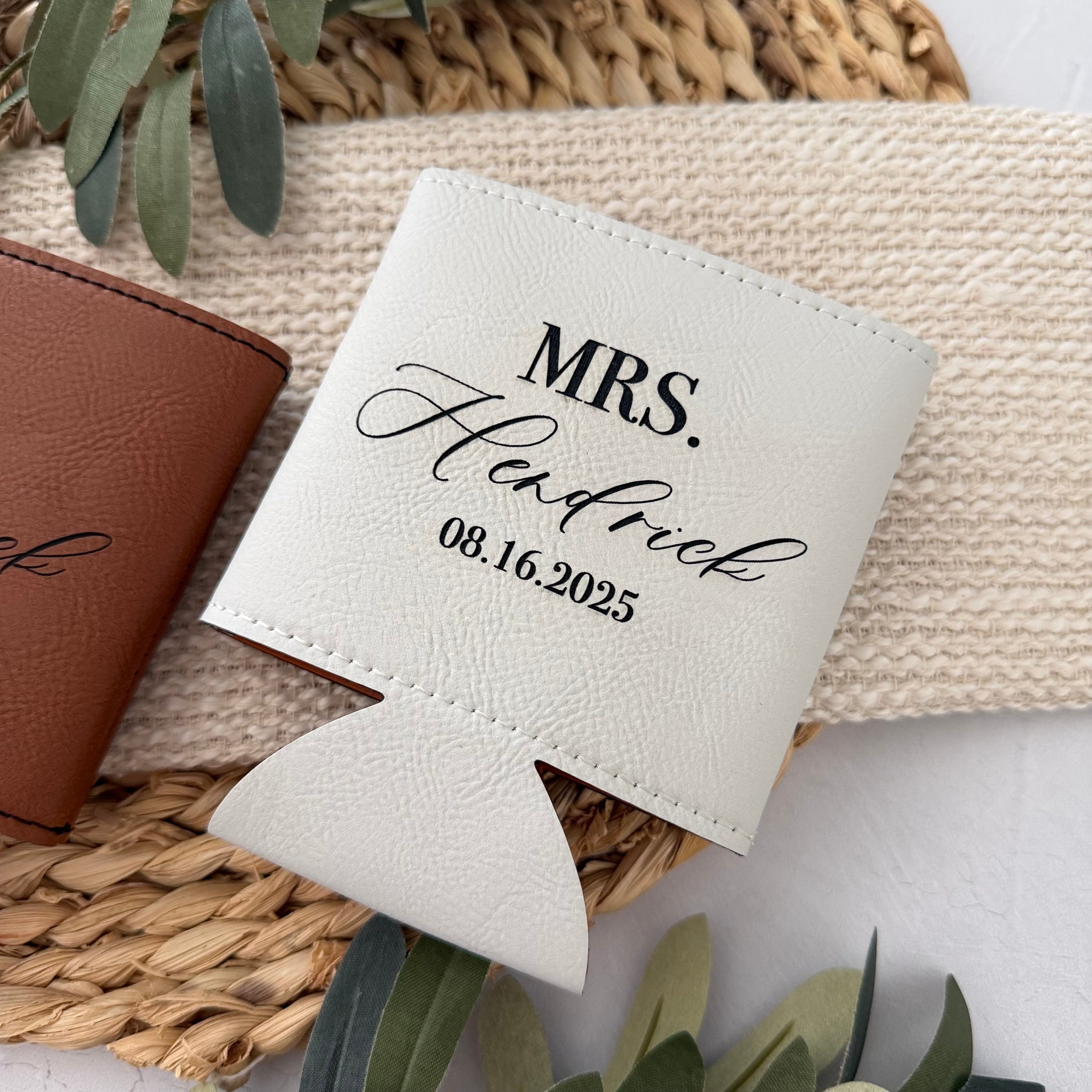 Personalized Leather Can Cooler | Custom Name Mr & Mrs