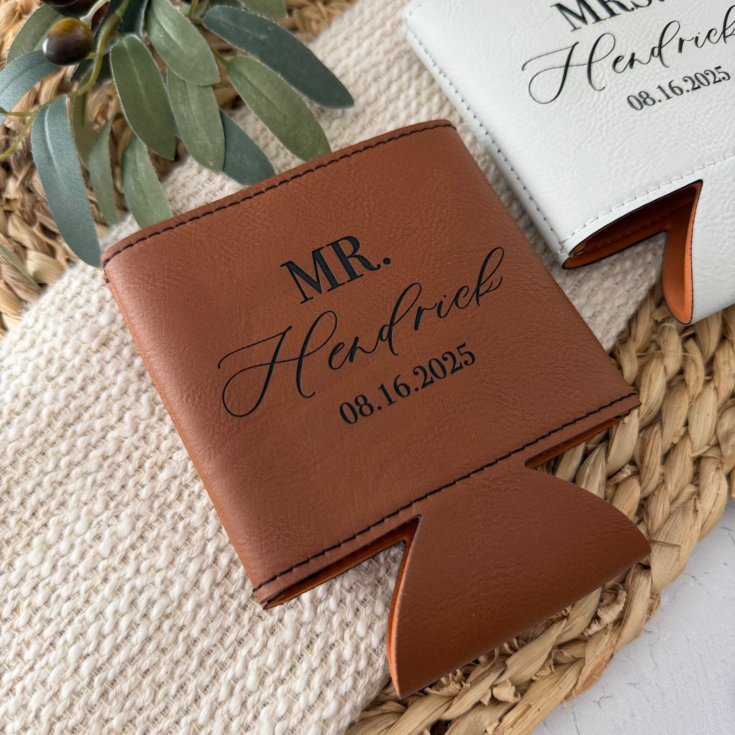 Personalized Leather Can Cooler | Custom Name Mr & Mrs