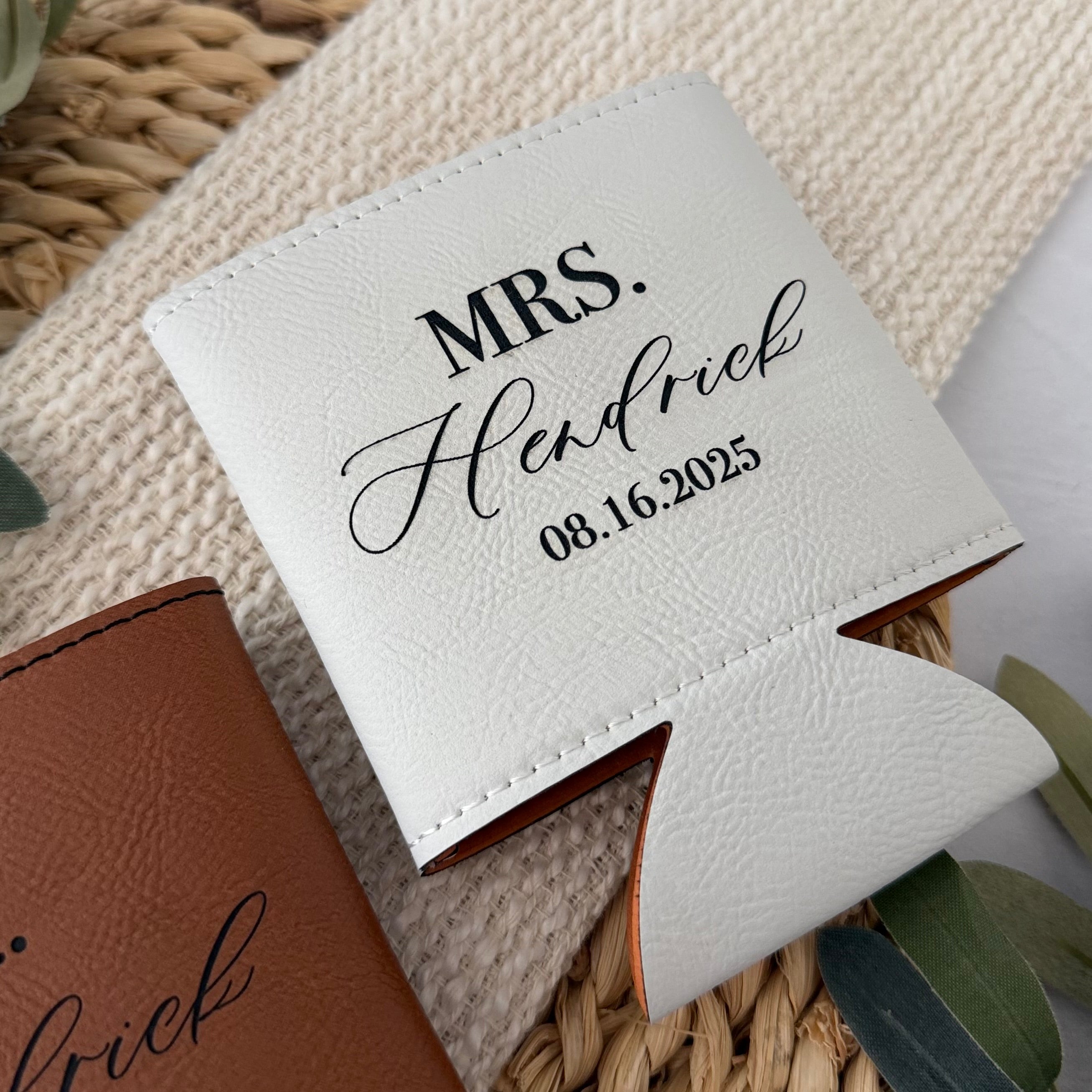 Personalized Leather Can Cooler | Custom Name Mr & Mrs