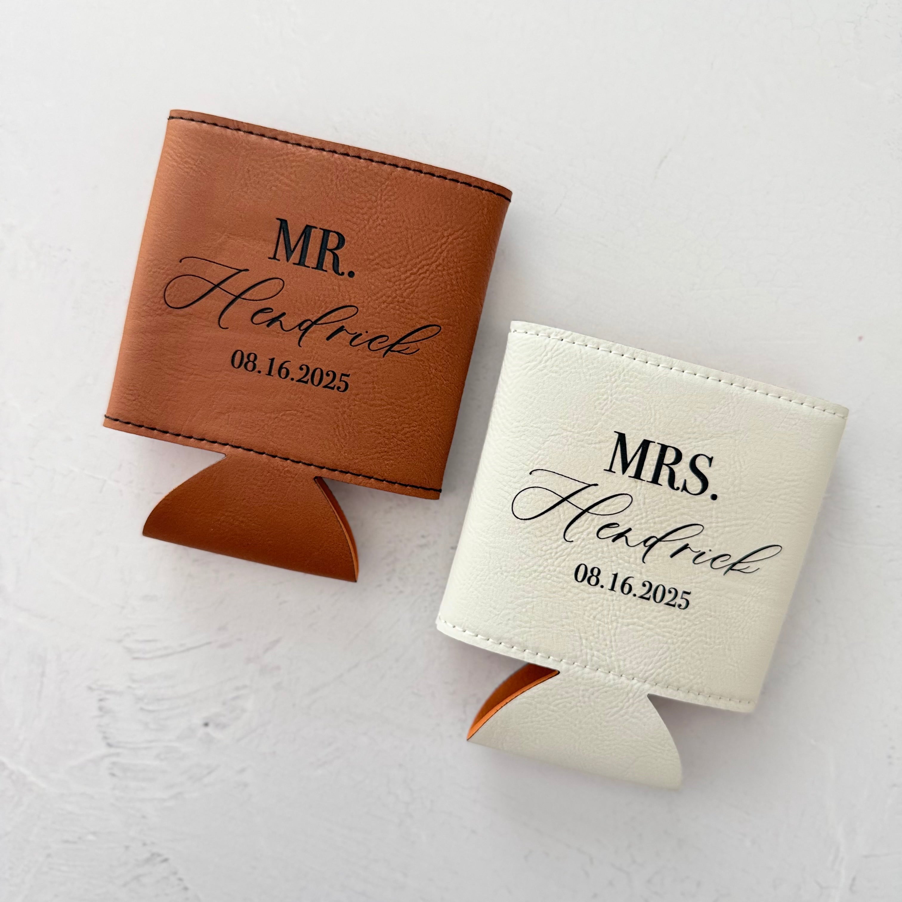 Personalized Leather Can Cooler | Custom Name Mr & Mrs