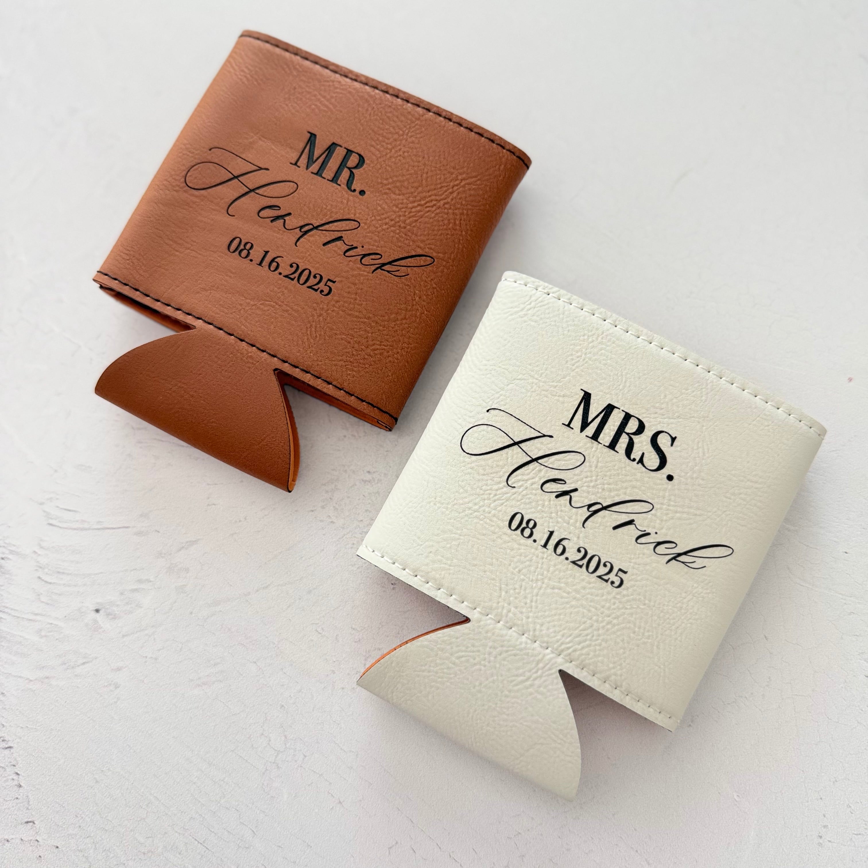 Personalized Leather Can Cooler | Custom Name Mr & Mrs