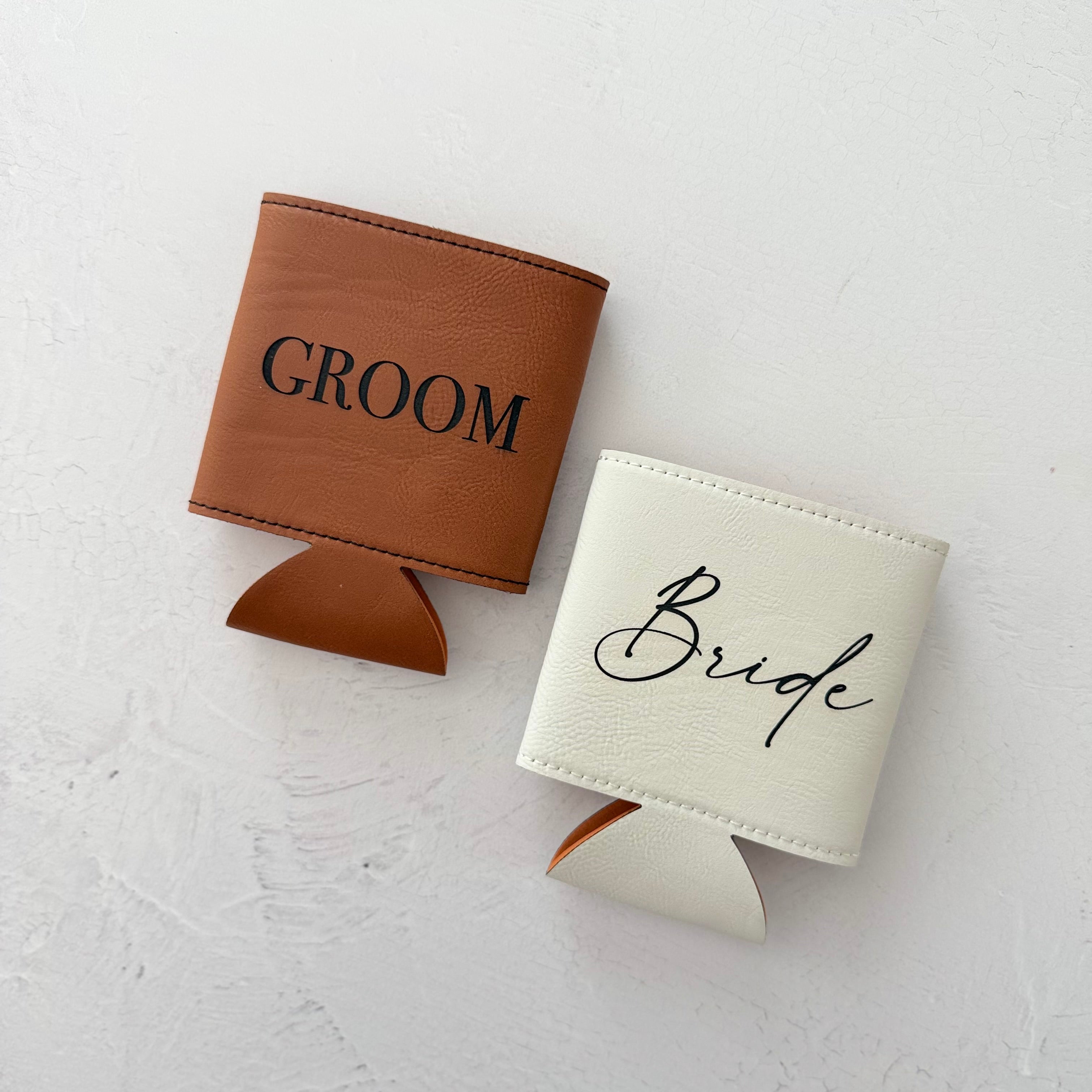 Bride and Groom Leather Can Cooler Set