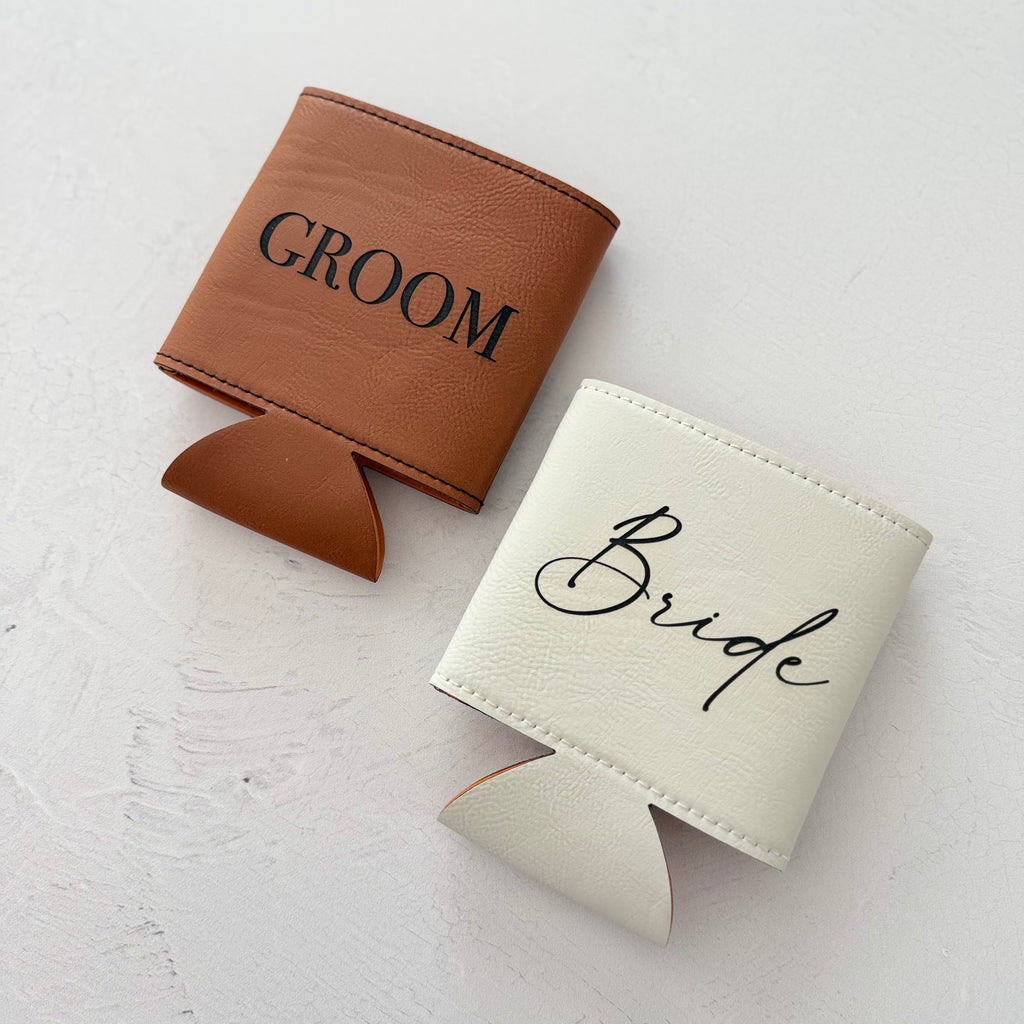Bride and Groom Leather Can Cooler Set