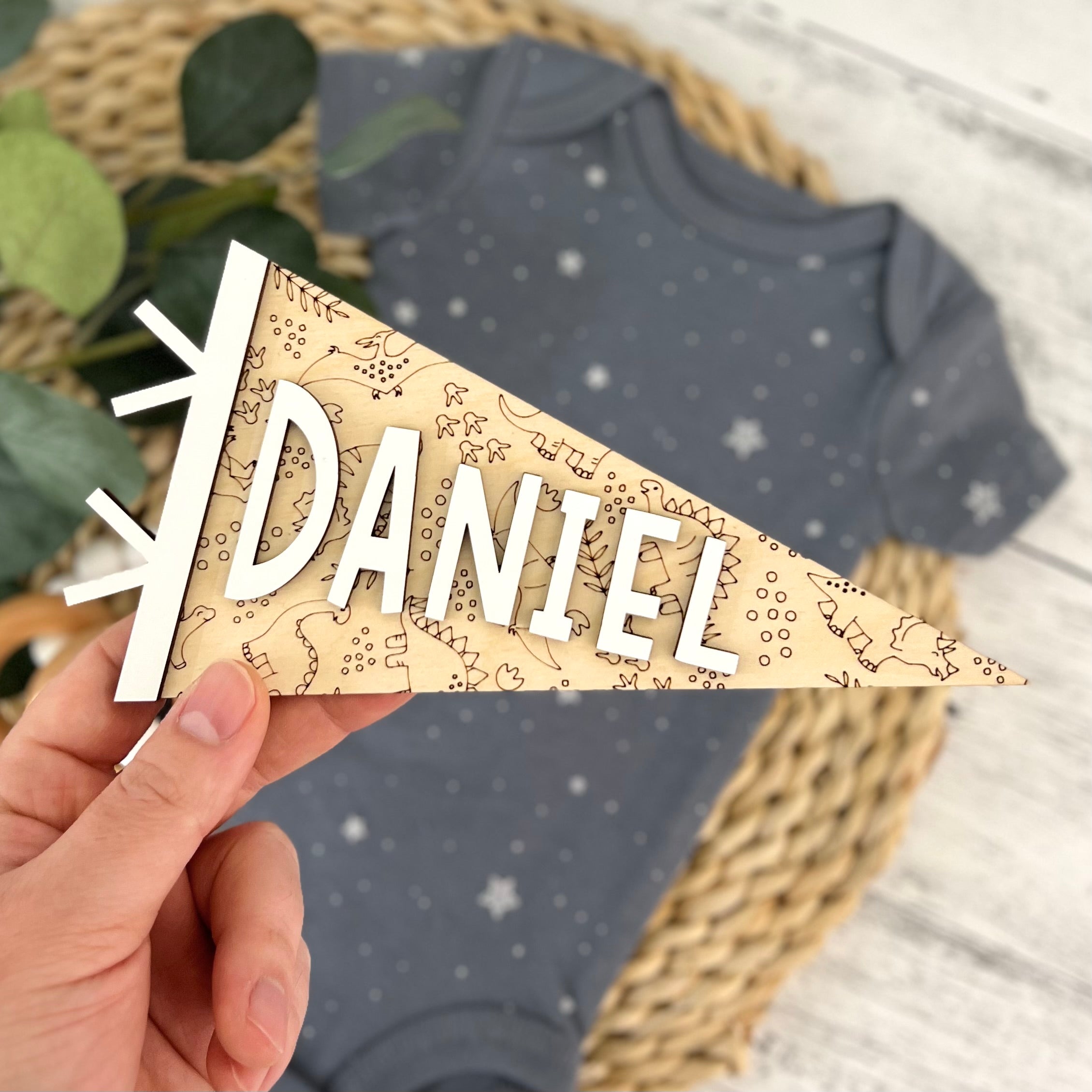 Baby Name Announcement Dinosaur Pennant Sign | Custom Kid's Name Dinosaur Pennant