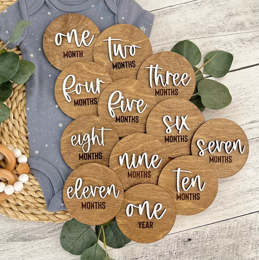Wooden Baby Monthly Milestone Disc Set | Stained