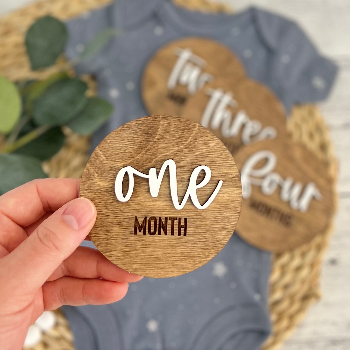 Wooden Baby Monthly Milestone Disc Set | Stained