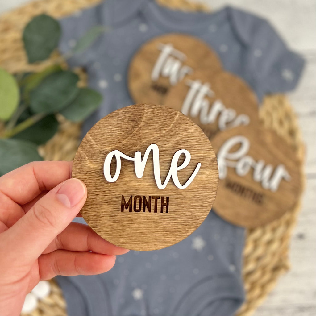 Wooden Baby Monthly Milestone Disc Set | Stained