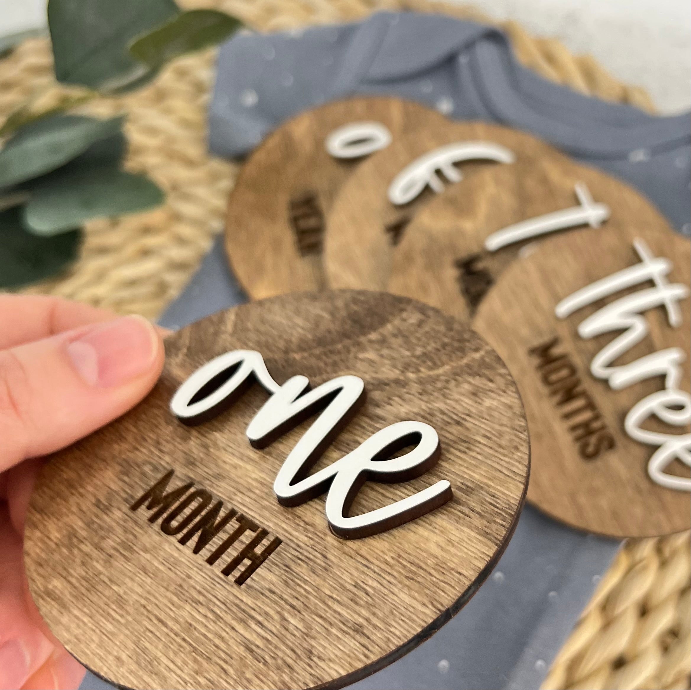 Wooden Baby Monthly Milestone Disc Set | Stained