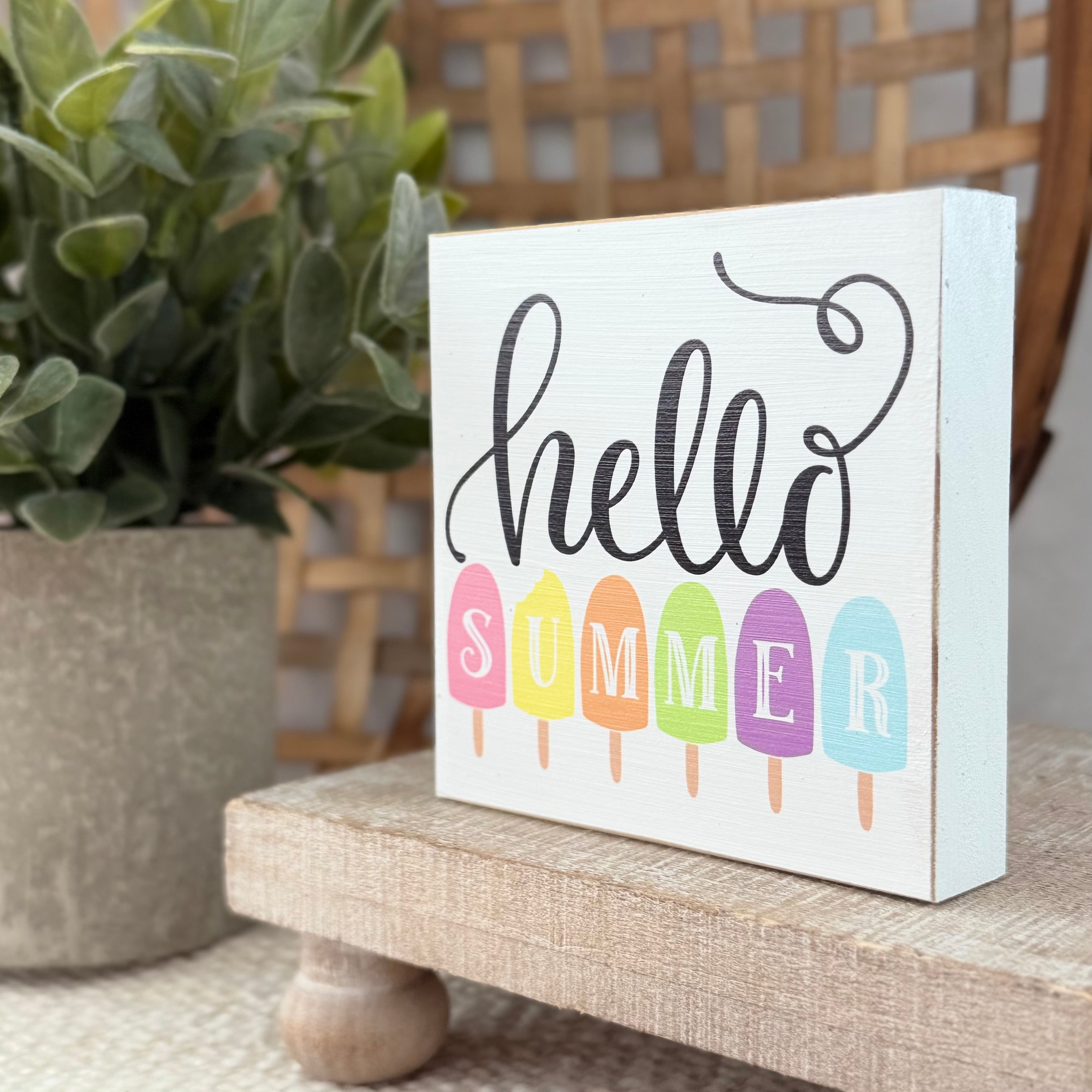 Hello Summer Wood Block Sign